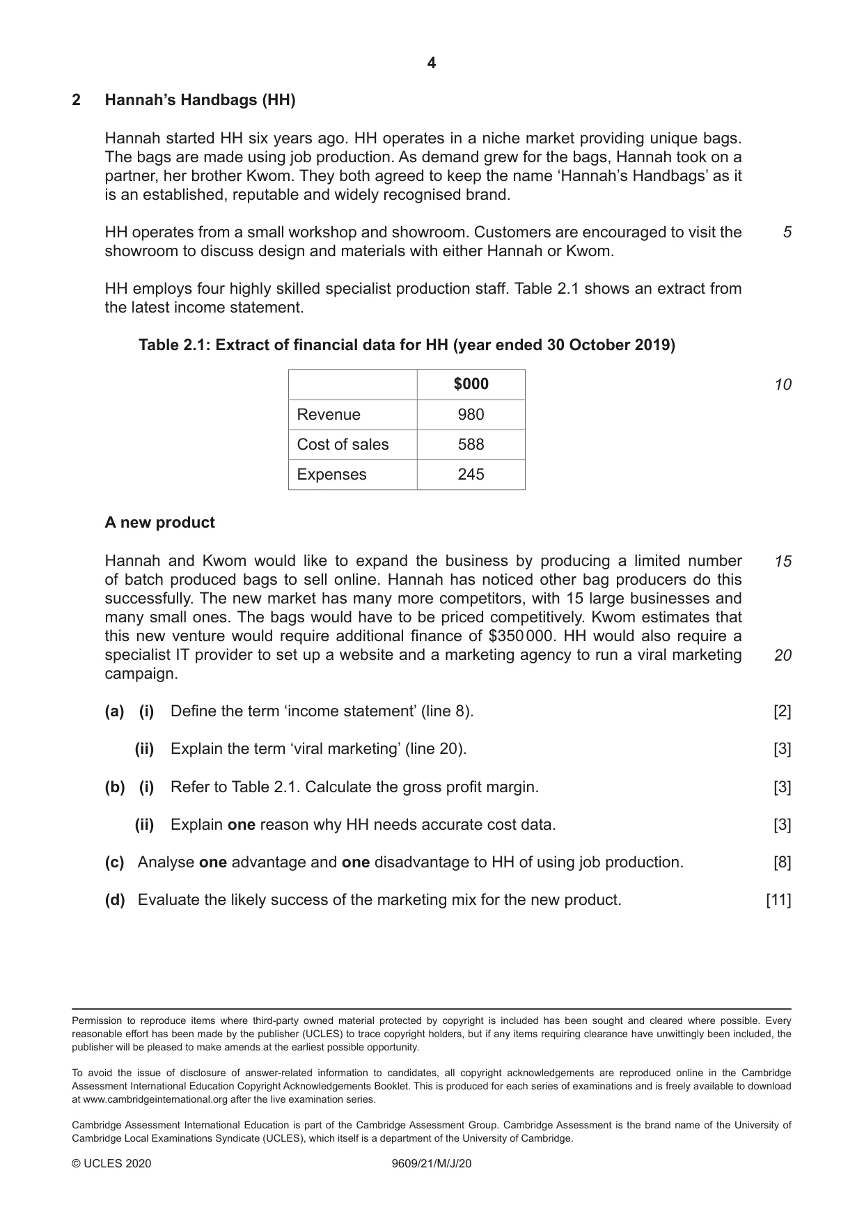 Cambridge A Level Business (for first examination in 2016) 9609 2020 May/June Paper 2 · Variant 1 question paper, page 4 of 4