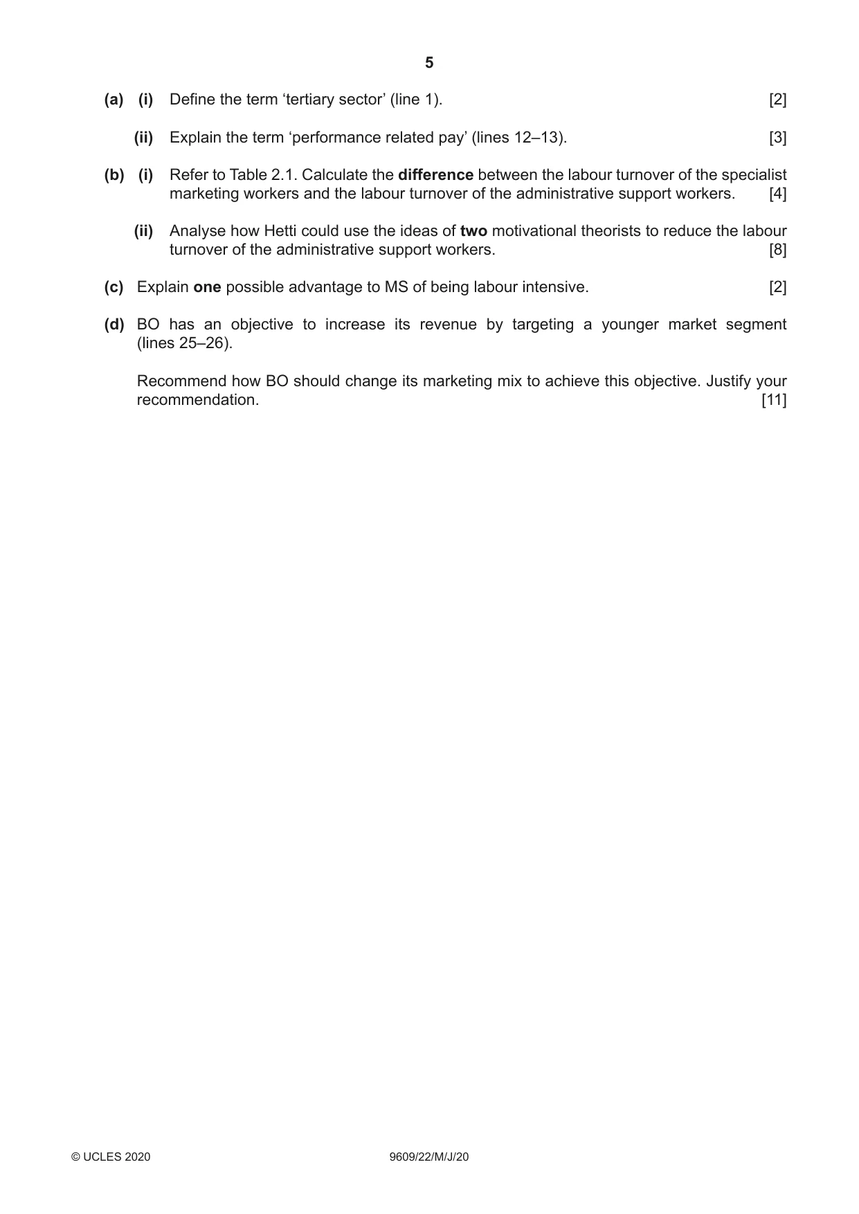 Cambridge A Level Business (for first examination in 2016) 9609 2020 May/June Paper 2 · Variant 2 question paper, page 5 of 8