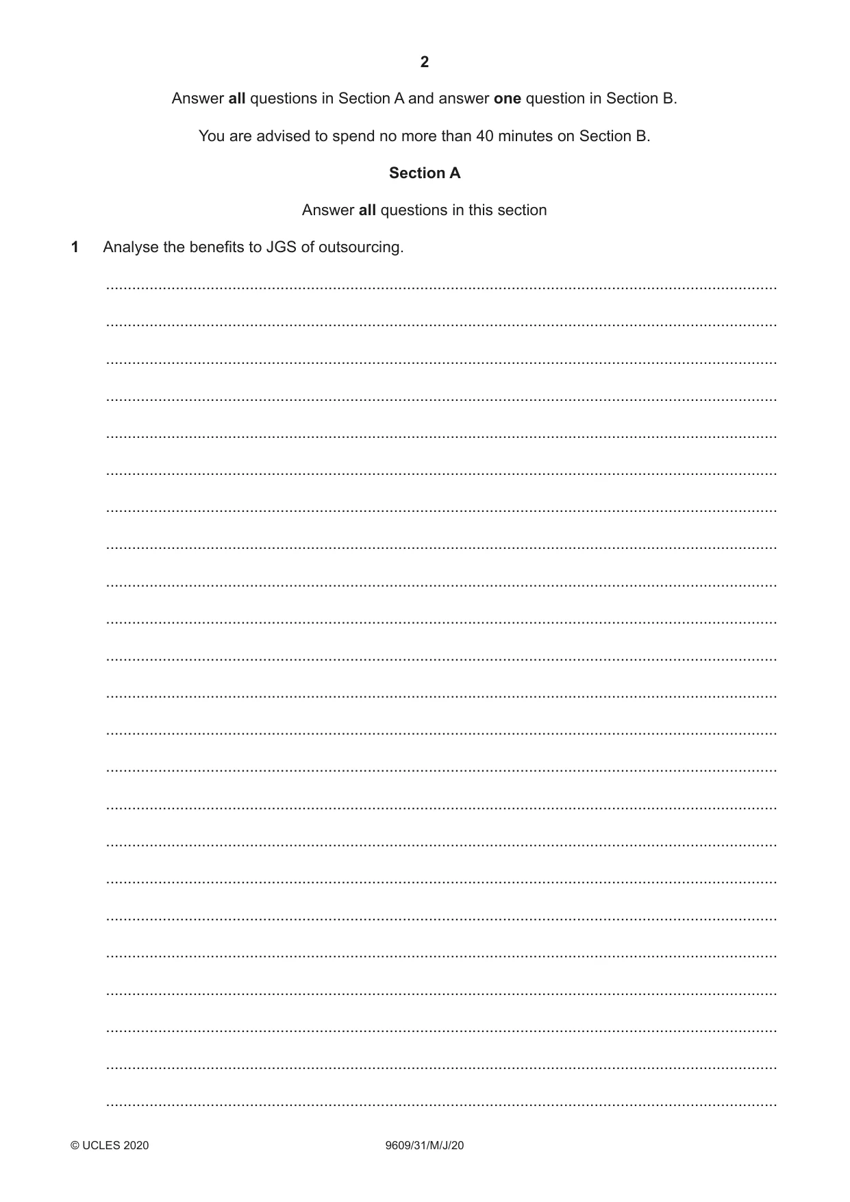 Cambridge A Level Business (for first examination in 2016) 9609 2020 May/June Paper 3 · Variant 1 question paper, page 2 of 20