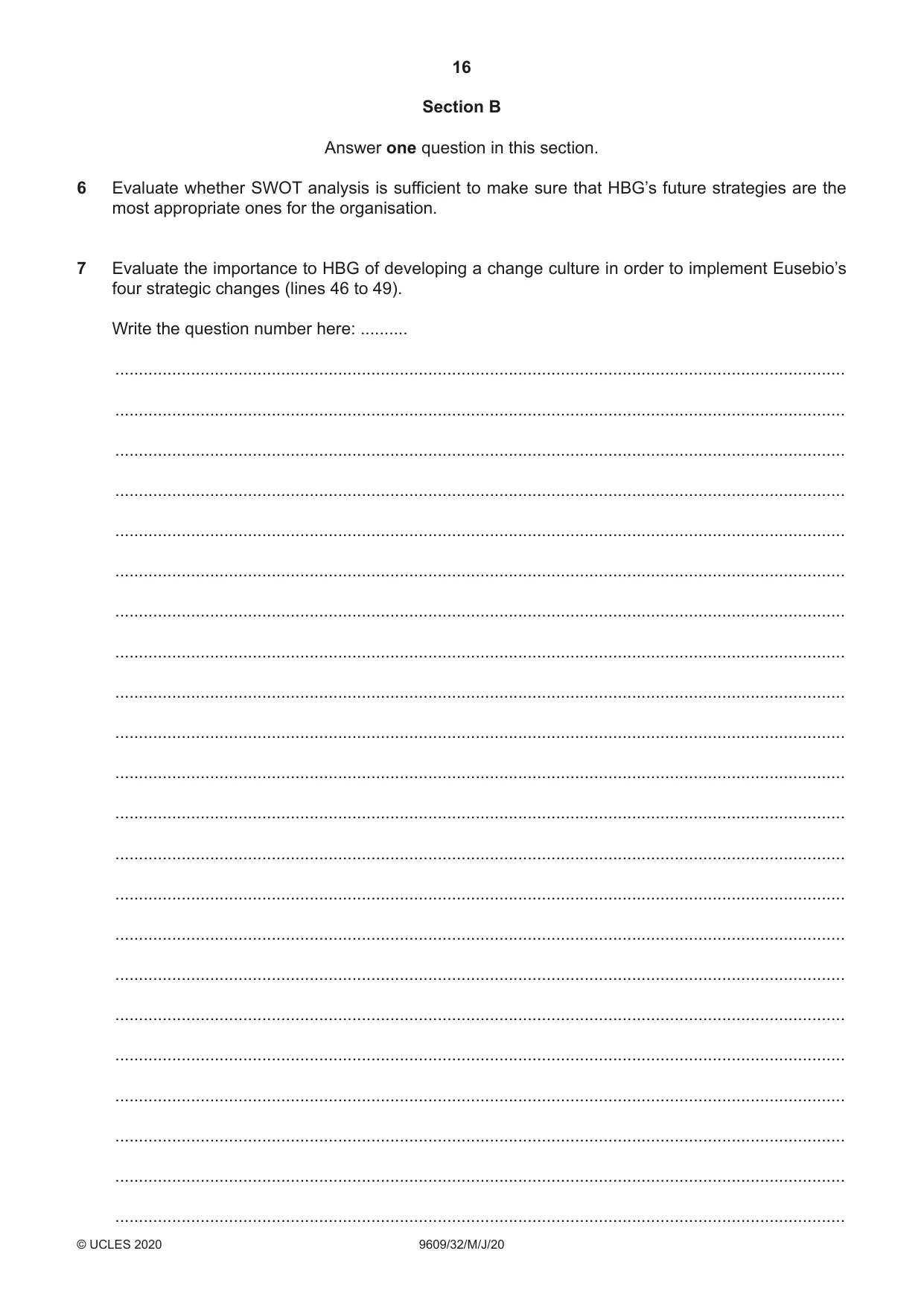 Cambridge A Level Business (for first examination in 2016) 9609 2020 May/June Paper 3 · Variant 2 question paper, page 16 of 20