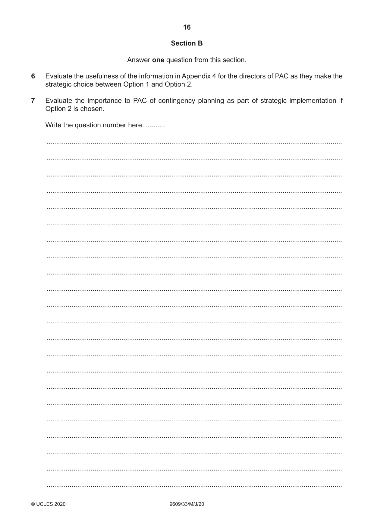 Cambridge A Level Business (for first examination in 2016) 9609 2020 May/June Paper 3 · Variant 3 question paper, page 16 of 20
