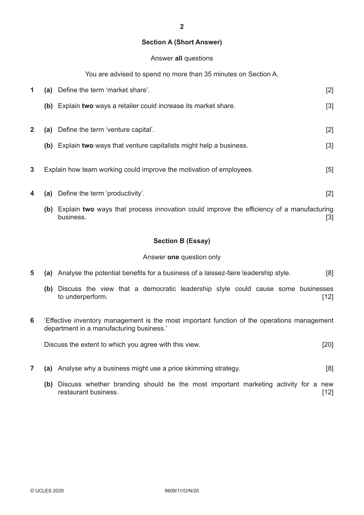 Cambridge A Level Business (for first examination in 2016) 9609 2020 Oct/Nov Paper 1 · Variant 1 question paper, page 2 of 4