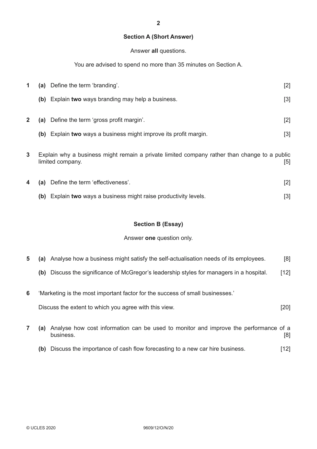 Cambridge A Level Business (for first examination in 2016) 9609 2020 Oct/Nov Paper 1 · Variant 2 question paper, page 2 of 4