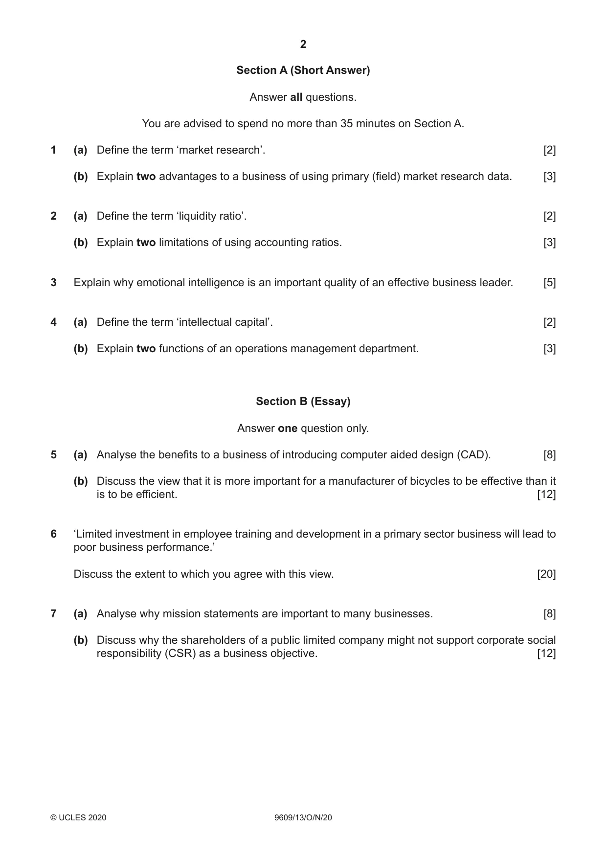 Cambridge A Level Business (for first examination in 2016) 9609 2020 Oct/Nov Paper 1 · Variant 3 question paper, page 2 of 4