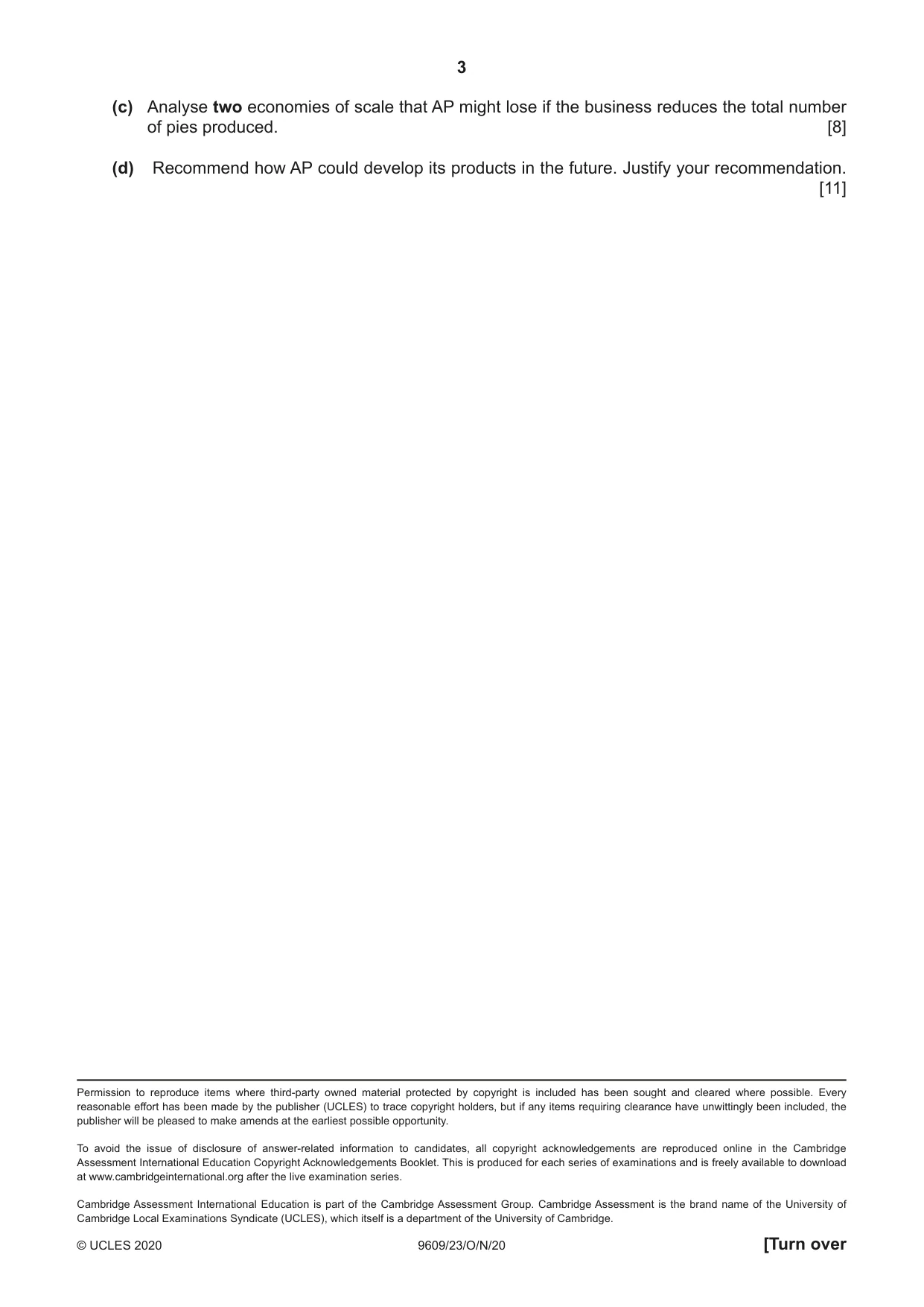 Cambridge A Level Business (for first examination in 2016) 9609 2020 Oct/Nov Paper 2 · Variant 3 question paper, page 3 of 4