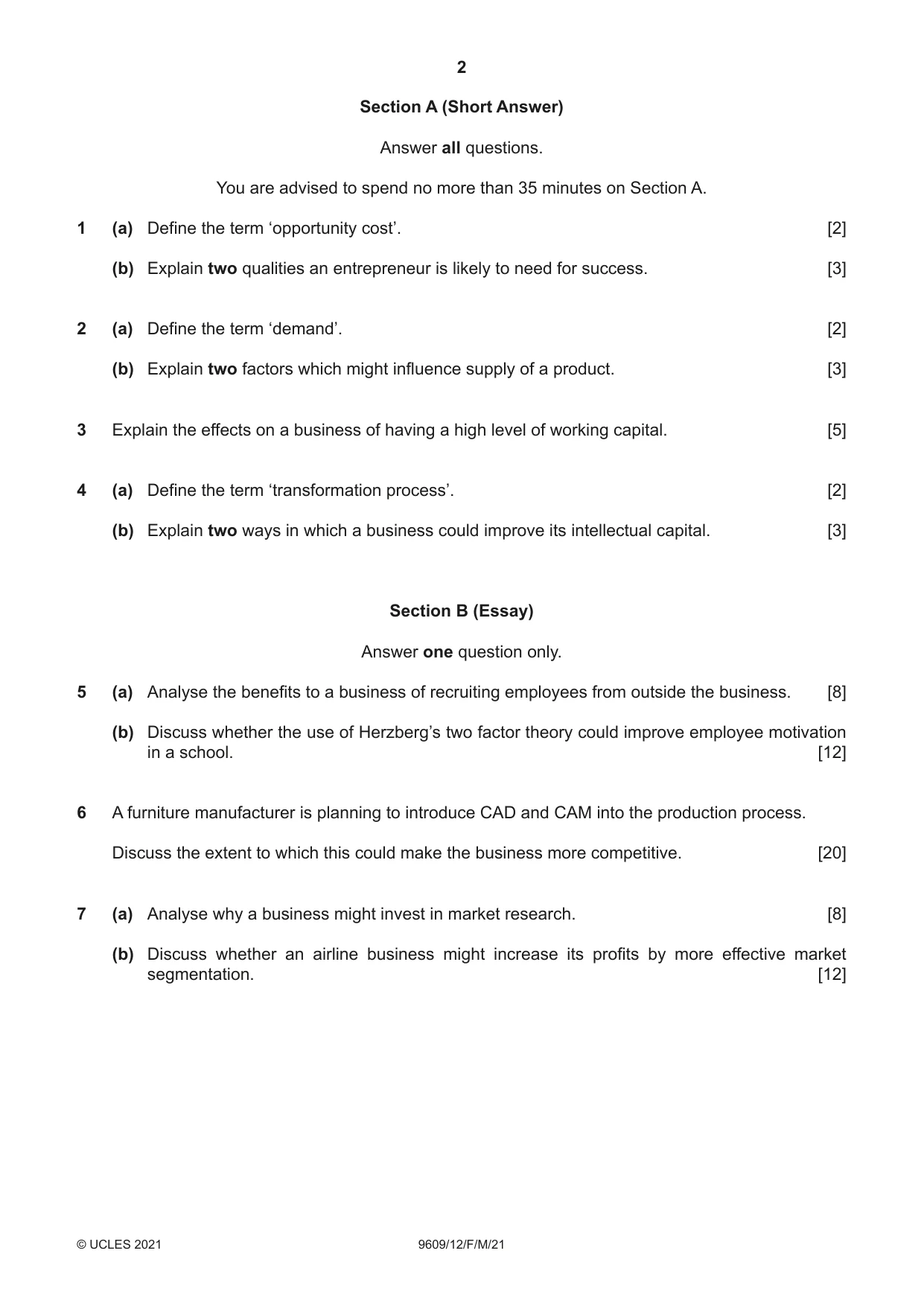 Cambridge A Level Business (for first examination in 2016) 9609 2021 Feb/March Paper 1 · Variant 2 question paper, page 2 of 4