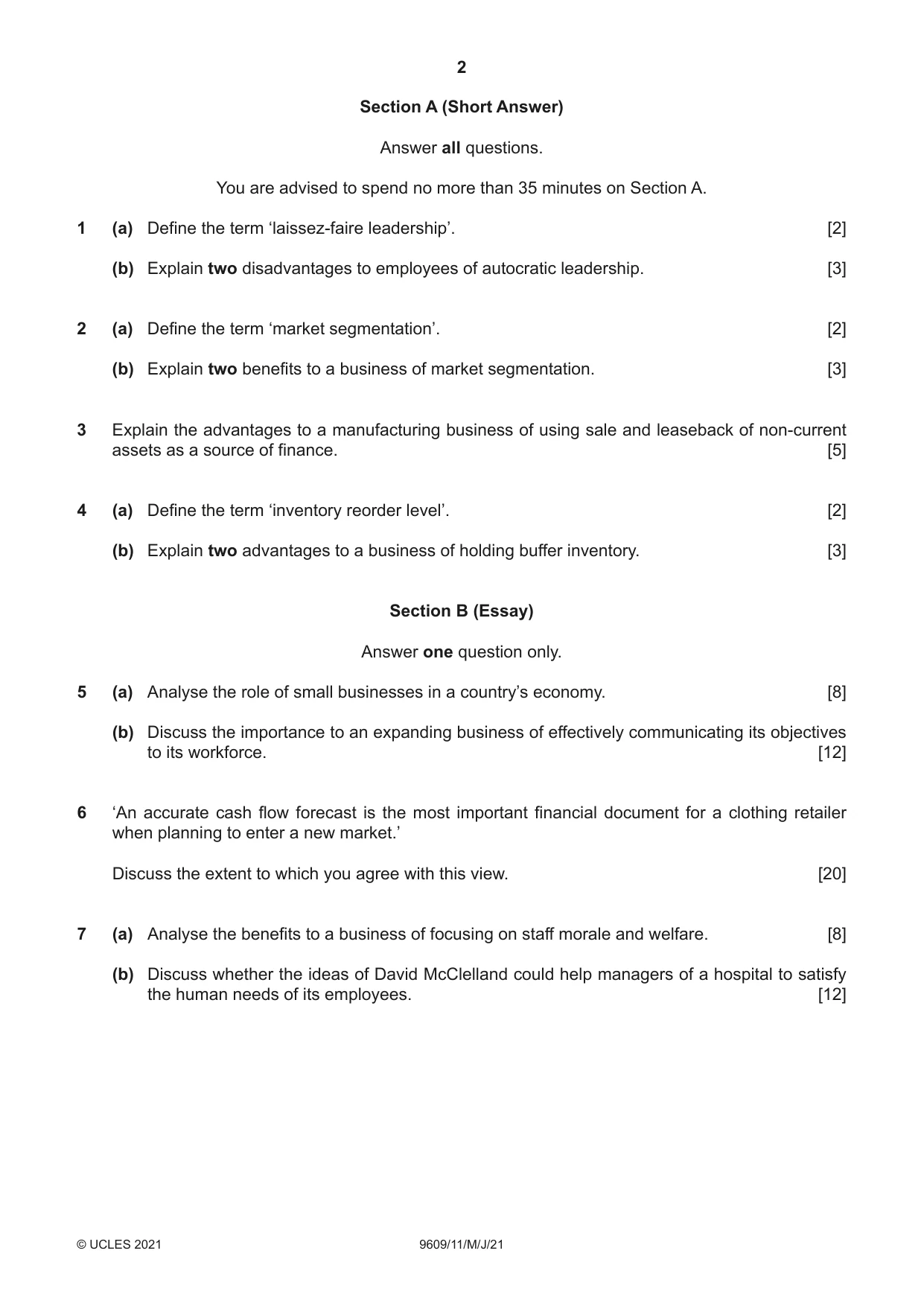 Cambridge A Level Business (for first examination in 2016) 9609 2021 May/June Paper 1 · Variant 1 question paper, page 2 of 4