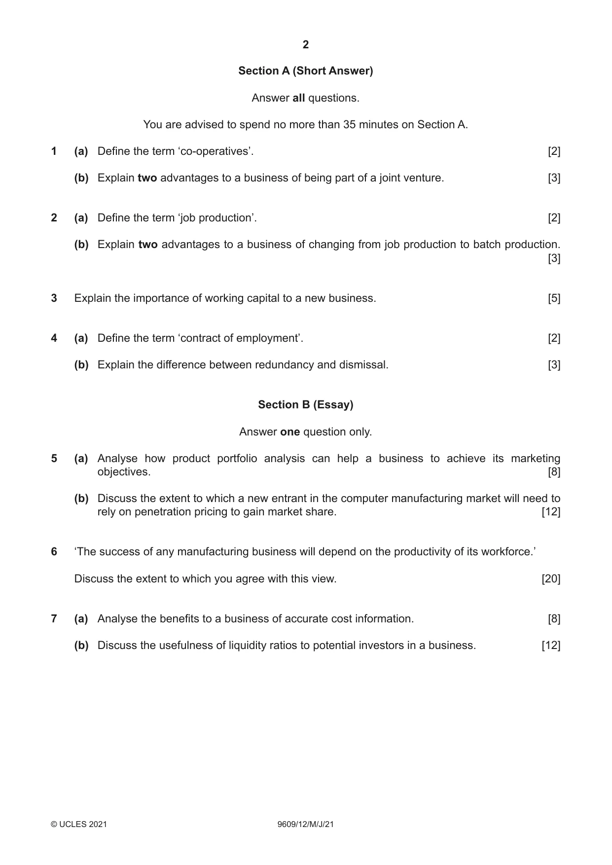 Cambridge A Level Business (for first examination in 2016) 9609 2021 May/June Paper 1 · Variant 2 question paper, page 2 of 4