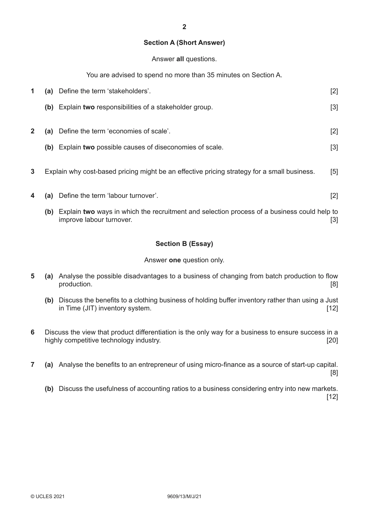 Cambridge A Level Business (for first examination in 2016) 9609 2021 May/June Paper 1 · Variant 3 question paper, page 2 of 4