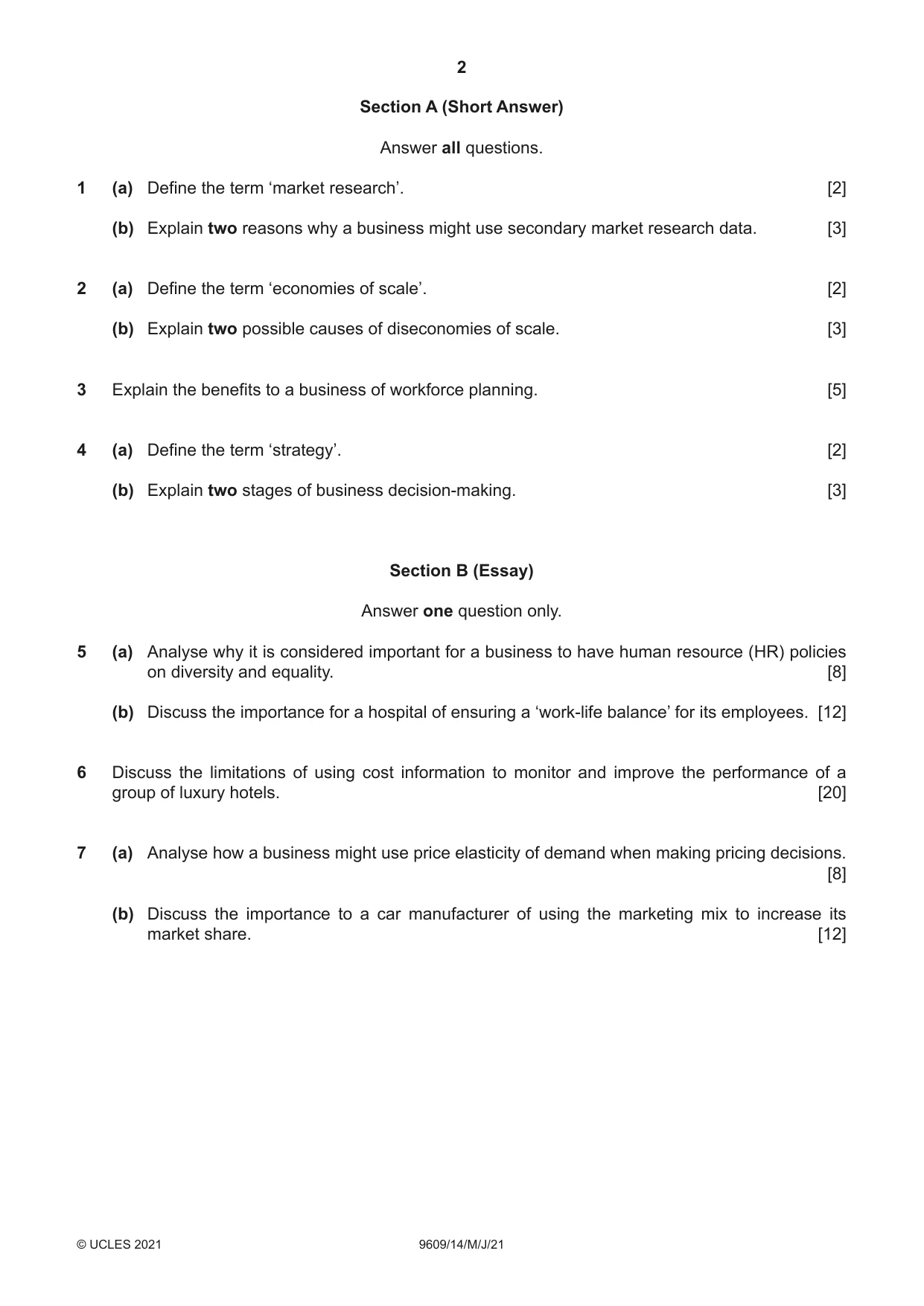 Cambridge A Level Business (for first examination in 2016) 9609 2021 May/June Paper 1 · Variant 4 question paper, page 2 of 4