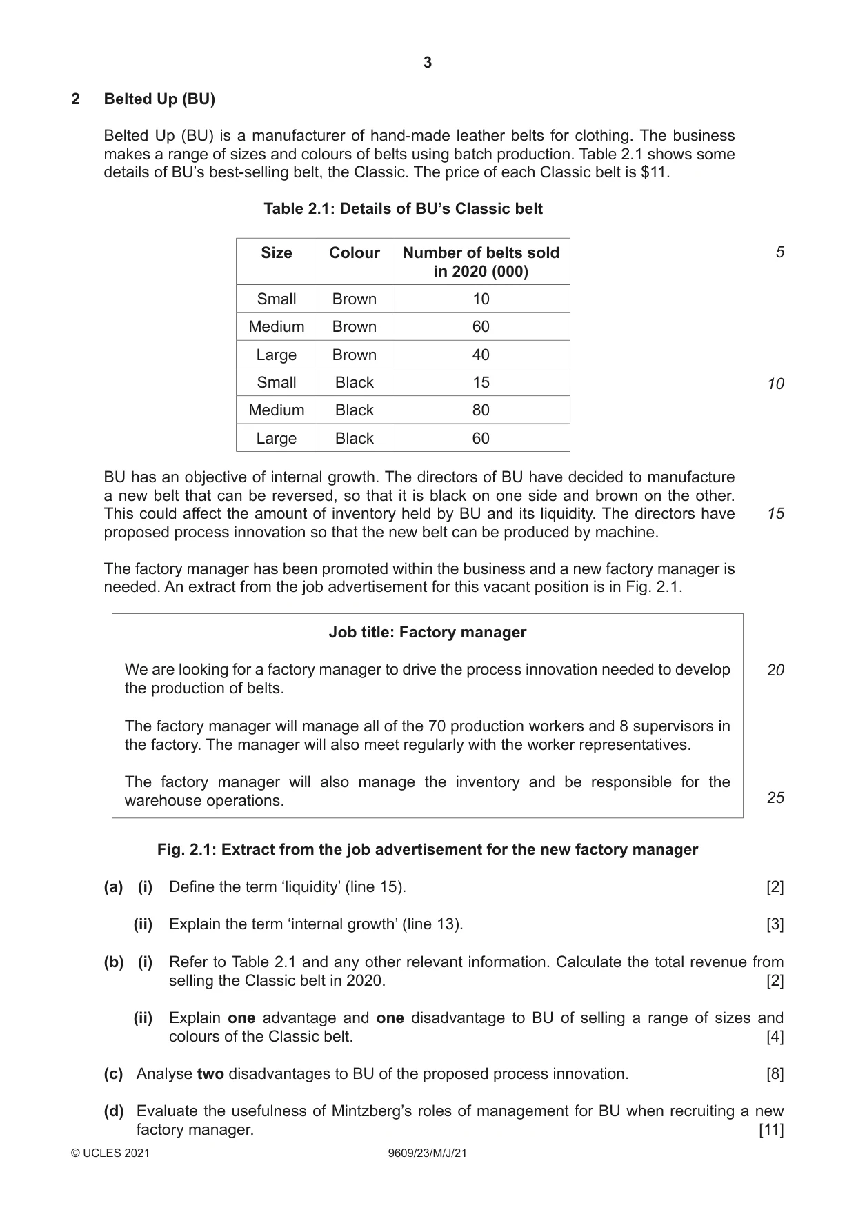 Cambridge A Level Business (for first examination in 2016) 9609 2021 May/June Paper 2 · Variant 3 question paper, page 3 of 4