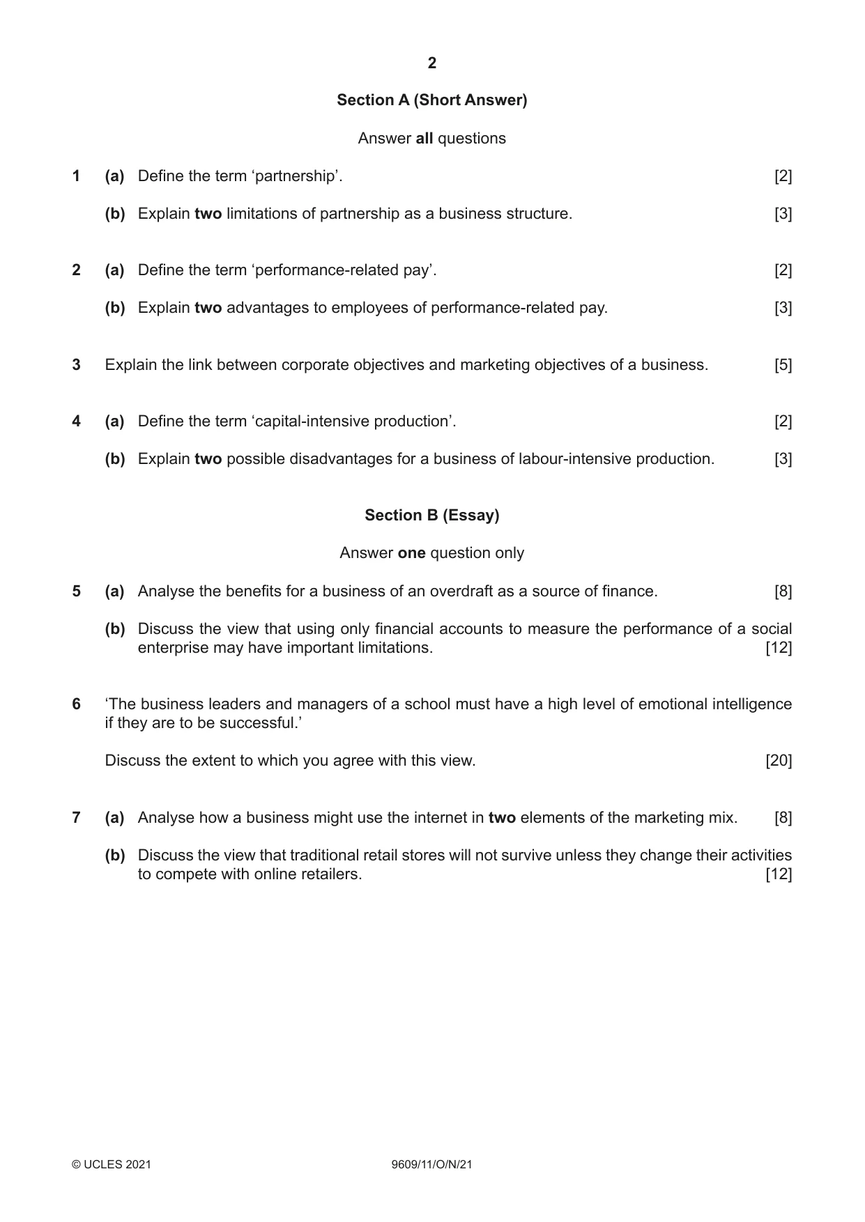 Cambridge A Level Business (for first examination in 2016) 9609 2021 Oct/Nov Paper 1 · Variant 1 question paper, page 2 of 4