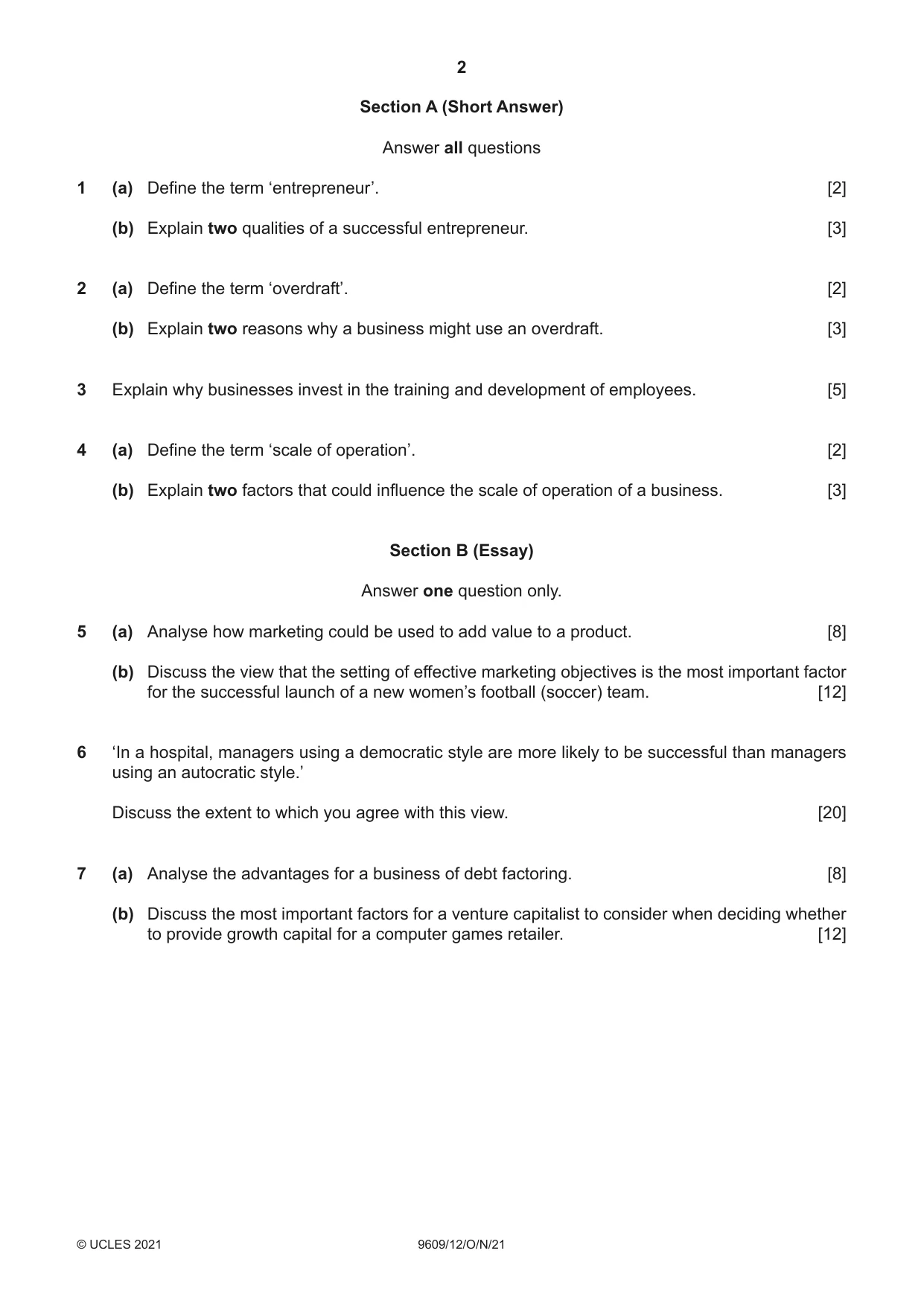 Cambridge A Level Business (for first examination in 2016) 9609 2021 Oct/Nov Paper 1 · Variant 2 question paper, page 2 of 4