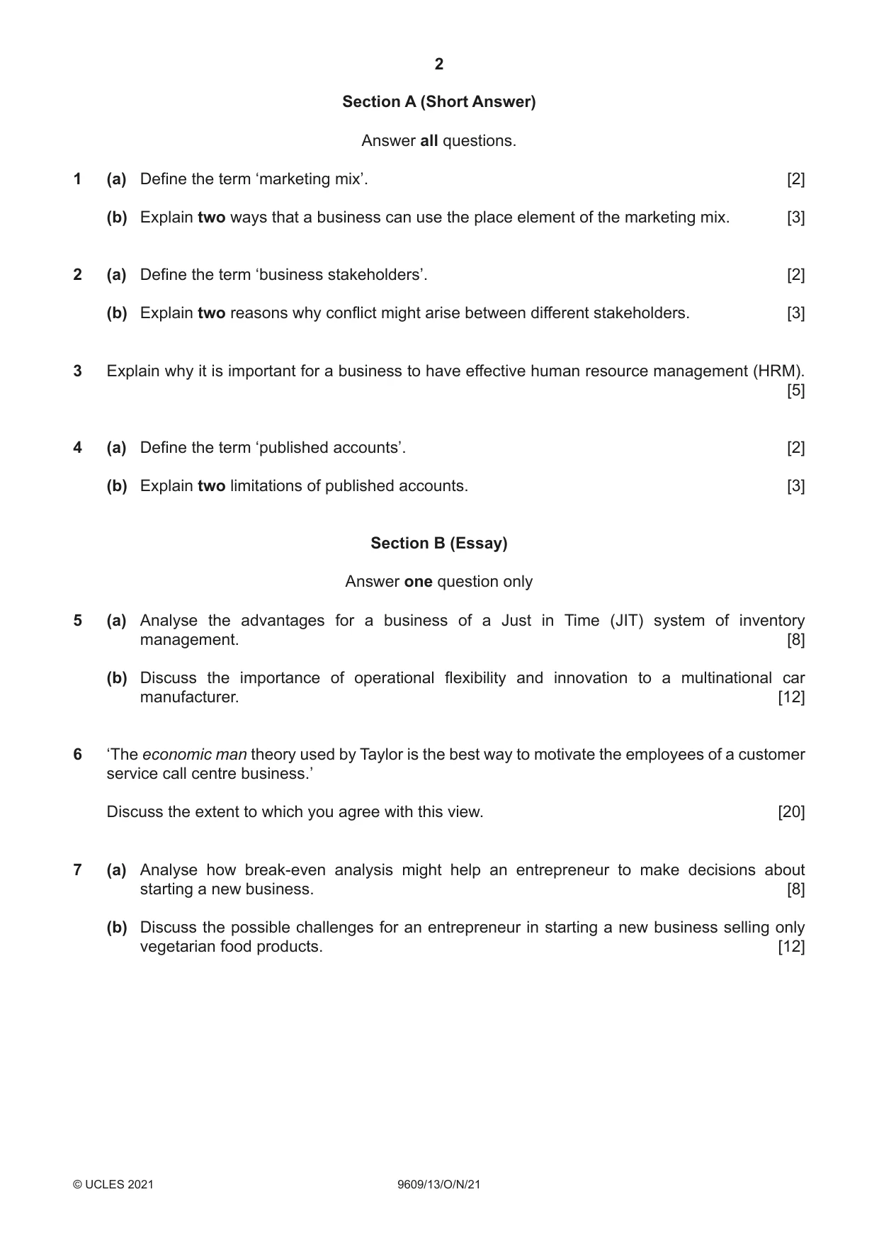 Cambridge A Level Business (for first examination in 2016) 9609 2021 Oct/Nov Paper 1 · Variant 3 question paper, page 2 of 4