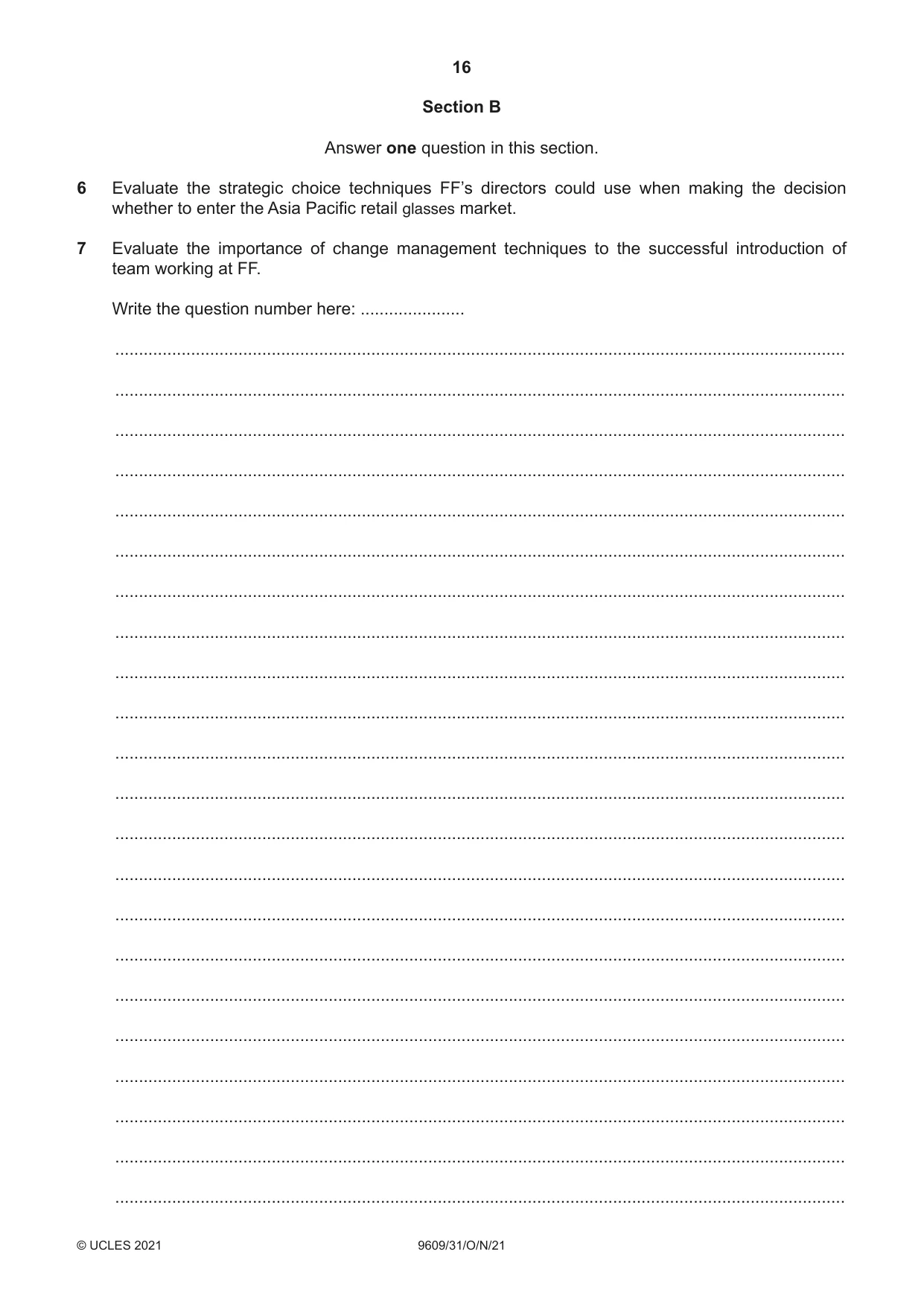 Cambridge A Level Business (for first examination in 2016) 9609 2021 Oct/Nov Paper 3 · Variant 1 question paper, page 16 of 20