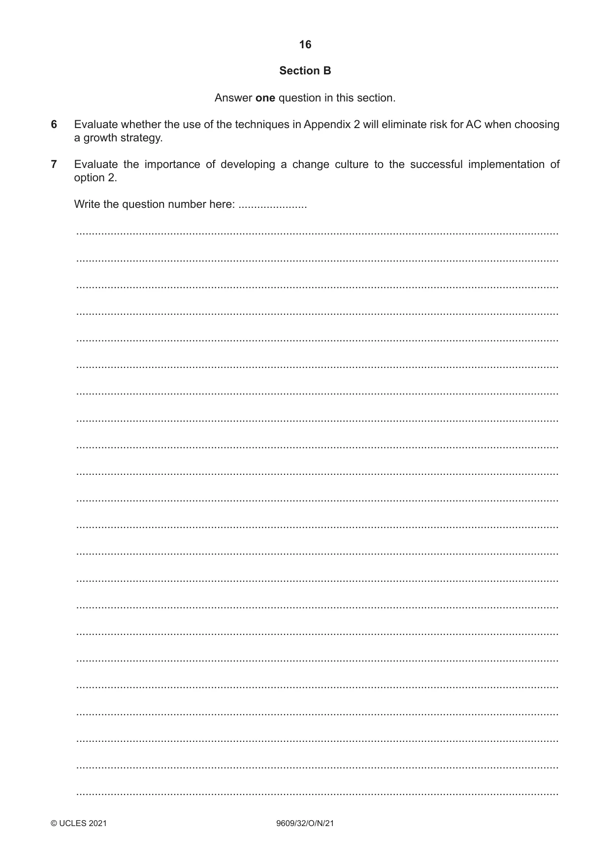 Cambridge A Level Business (for first examination in 2016) 9609 2021 Oct/Nov Paper 3 · Variant 2 question paper, page 16 of 20