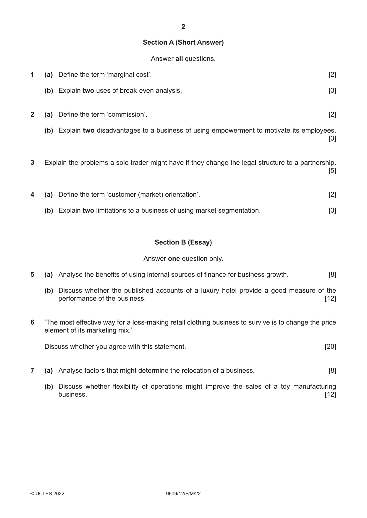 Cambridge A Level Business (for first examination in 2016) 9609 2022 Feb/March Paper 1 · Variant 2 question paper, page 2 of 4
