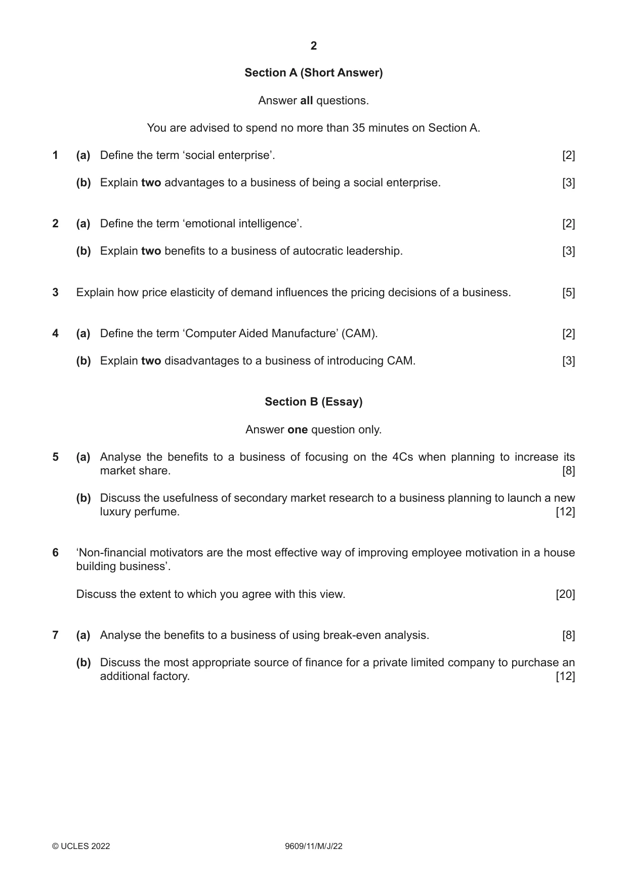 Cambridge A Level Business (for first examination in 2016) 9609 2022 May/June Paper 1 · Variant 1 question paper, page 2 of 4