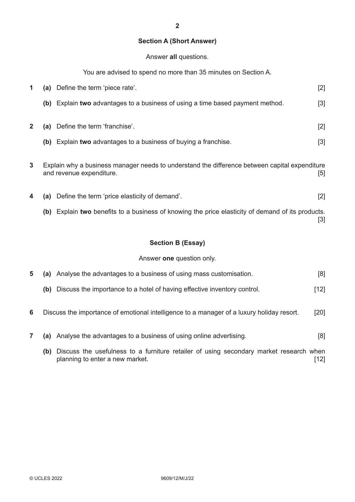 Cambridge A Level Business (for first examination in 2016) 9609 2022 May/June Paper 1 · Variant 2 question paper, page 2 of 4