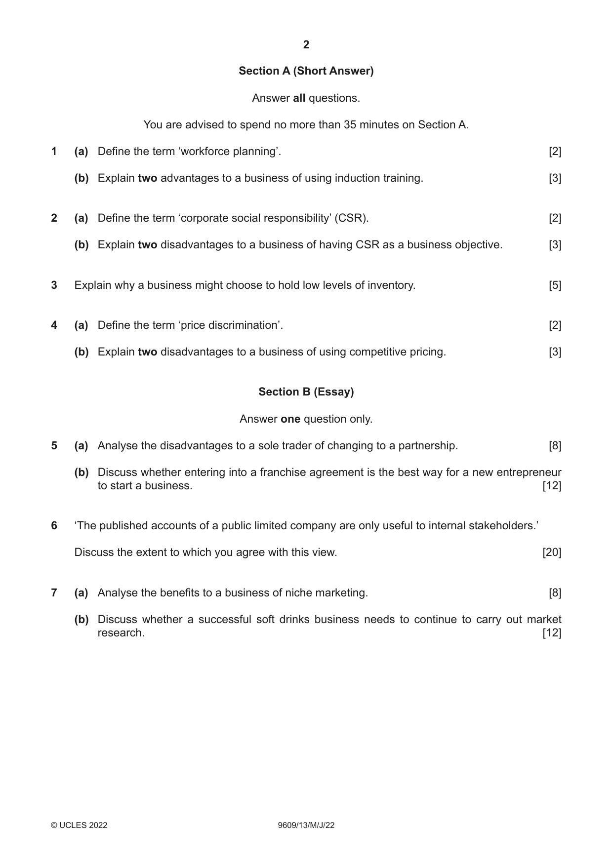 Cambridge A Level Business (for first examination in 2016) 9609 2022 May/June Paper 1 · Variant 3 question paper, page 2 of 4