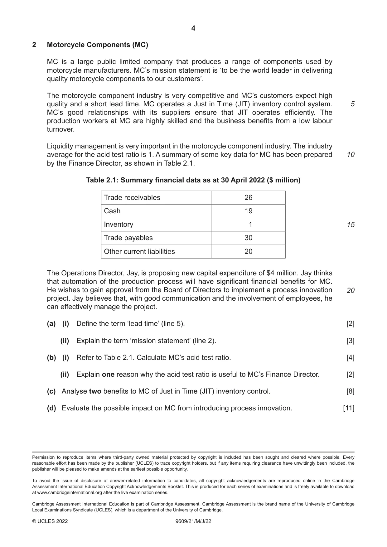 Cambridge A Level Business (for first examination in 2016) 9609 2022 May/June Paper 2 · Variant 1 question paper, page 4 of 4