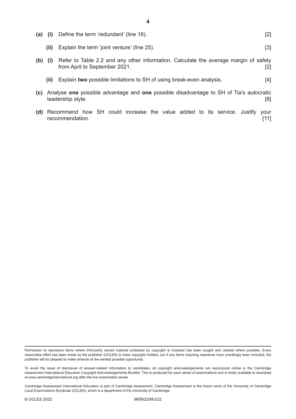 Cambridge A Level Business (for first examination in 2016) 9609 2022 May/June Paper 2 · Variant 2 question paper, page 4 of 4