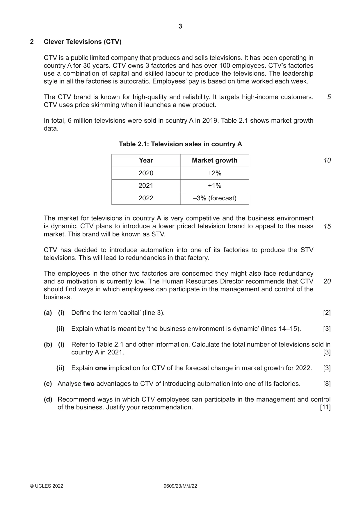 Cambridge A Level Business (for first examination in 2016) 9609 2022 May/June Paper 2 · Variant 3 question paper, page 3 of 4