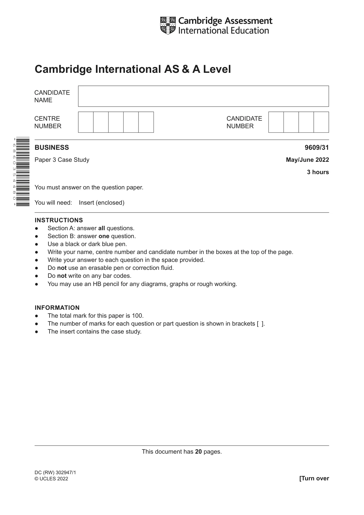 Cambridge A Level Business (for first examination in 2016) 9609 2022 May/June Paper 3 · Variant 1 question paper, page 1 of 20