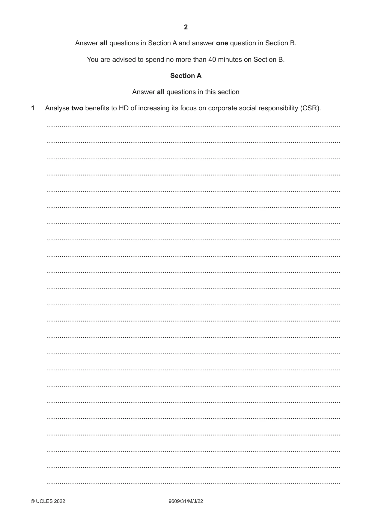 Cambridge A Level Business (for first examination in 2016) 9609 2022 May/June Paper 3 · Variant 1 question paper, page 2 of 20