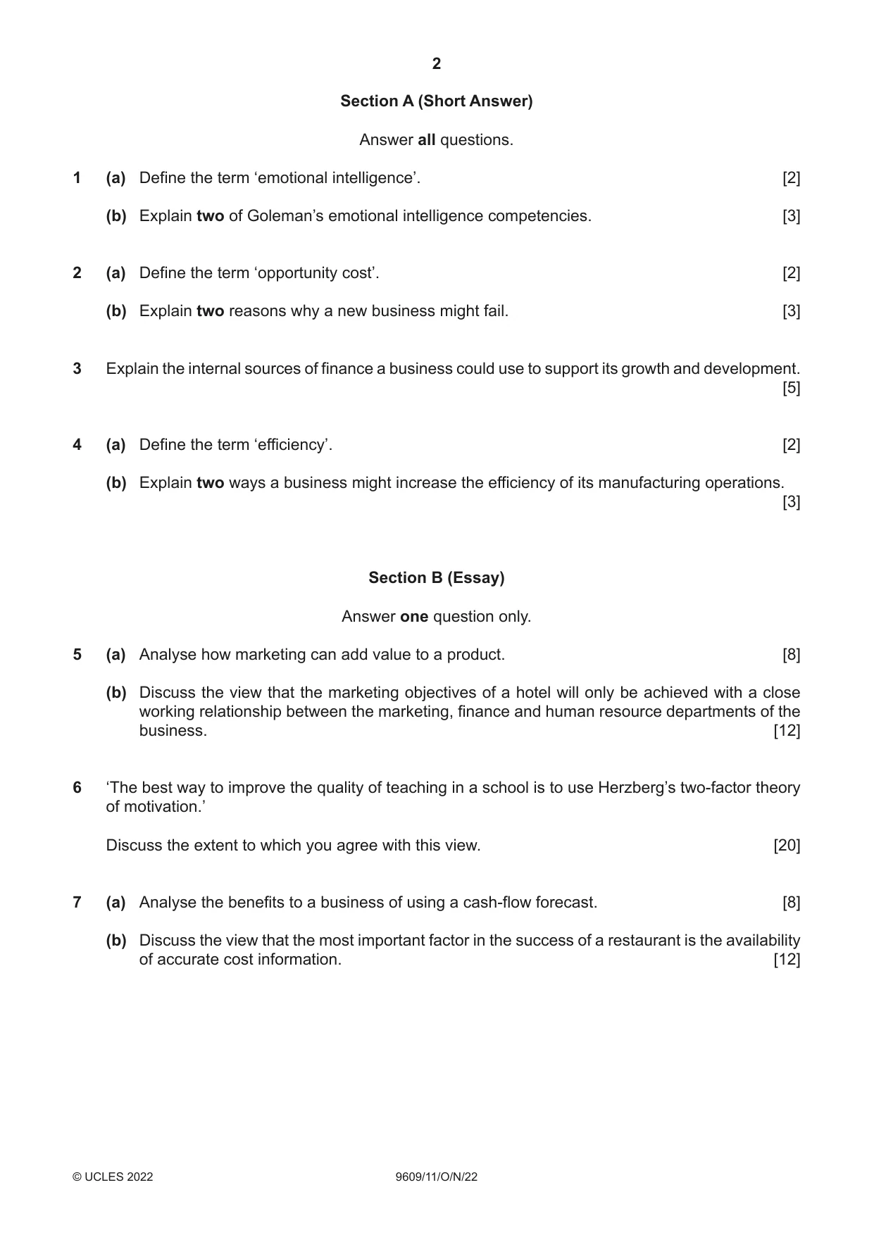 Cambridge A Level Business (for first examination in 2016) 9609 2022 Oct/Nov Paper 1 · Variant 1 question paper, page 2 of 4