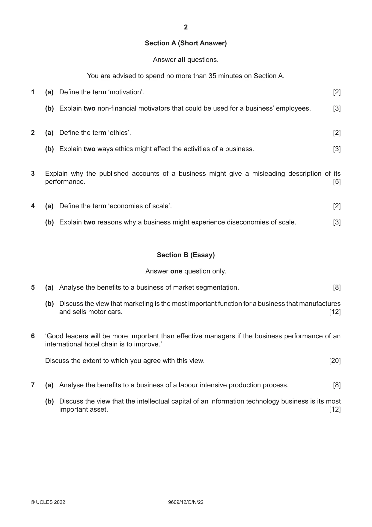 Cambridge A Level Business (for first examination in 2016) 9609 2022 Oct/Nov Paper 1 · Variant 2 question paper, page 2 of 4