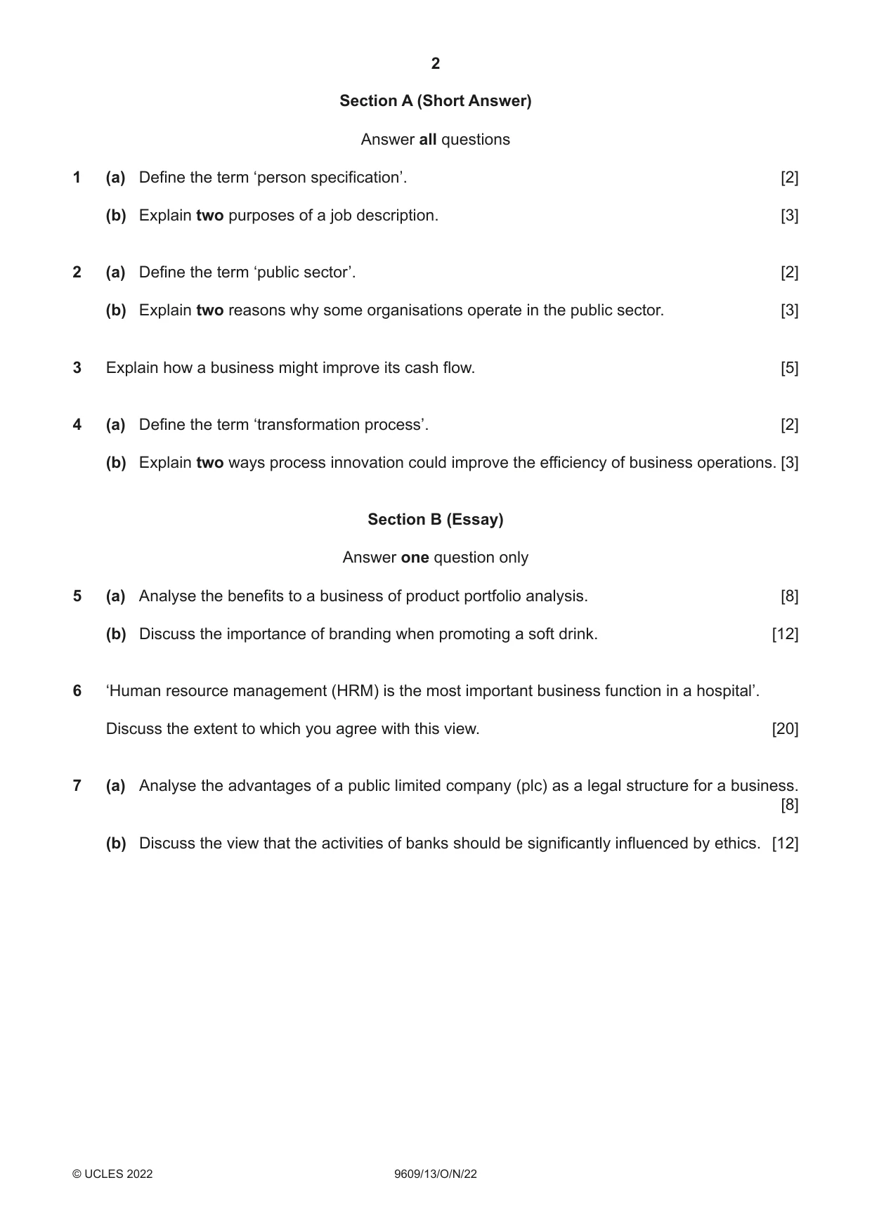 Cambridge A Level Business (for first examination in 2016) 9609 2022 Oct/Nov Paper 1 · Variant 3 question paper, page 2 of 4