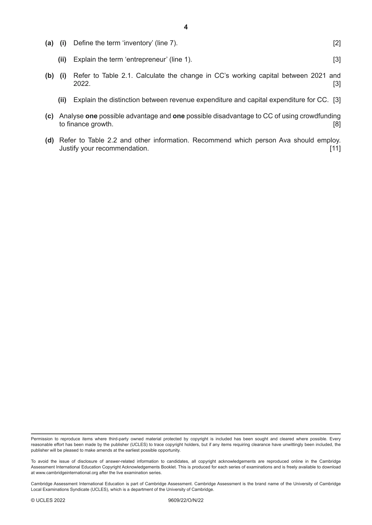 Cambridge A Level Business (for first examination in 2016) 9609 2022 Oct/Nov Paper 2 · Variant 2 question paper, page 4 of 4