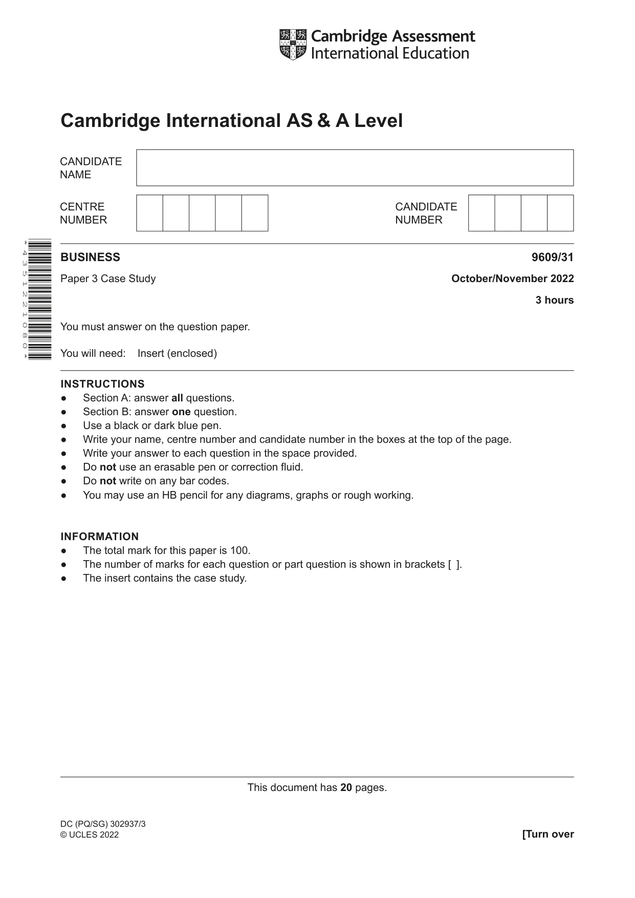 Cambridge A Level Business (for first examination in 2016) 9609 2022 Oct/Nov Paper 3 · Variant 1 question paper, page 1 of 20