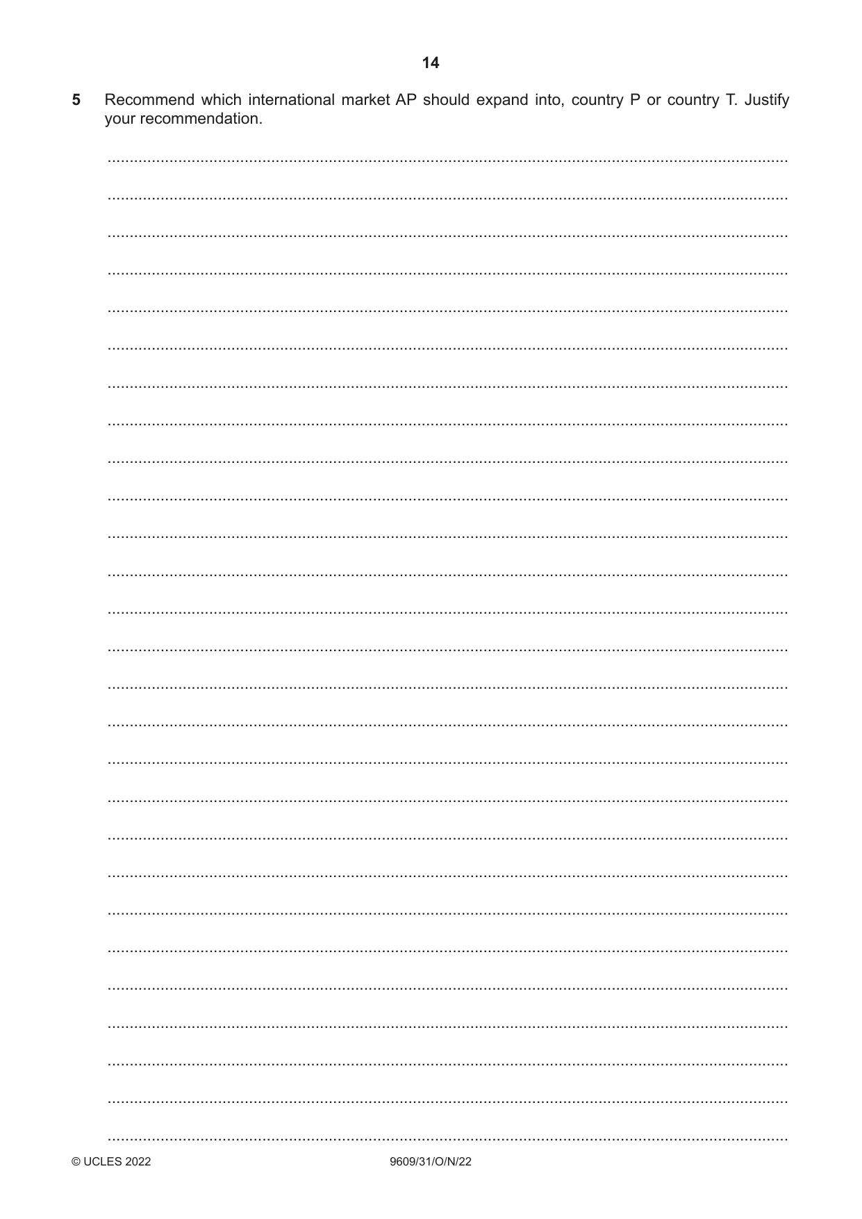 Cambridge A Level Business (for first examination in 2016) 9609 2022 Oct/Nov Paper 3 · Variant 1 question paper, page 14 of 20
