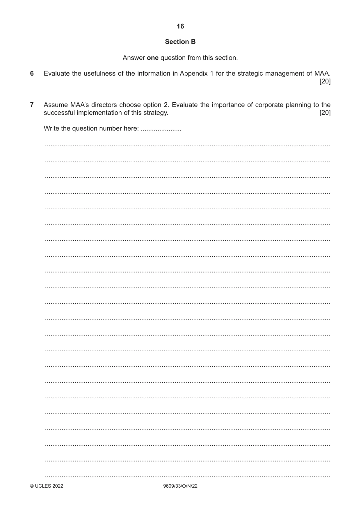 Cambridge A Level Business (for first examination in 2016) 9609 2022 Oct/Nov Paper 3 · Variant 3 question paper, page 16 of 20
