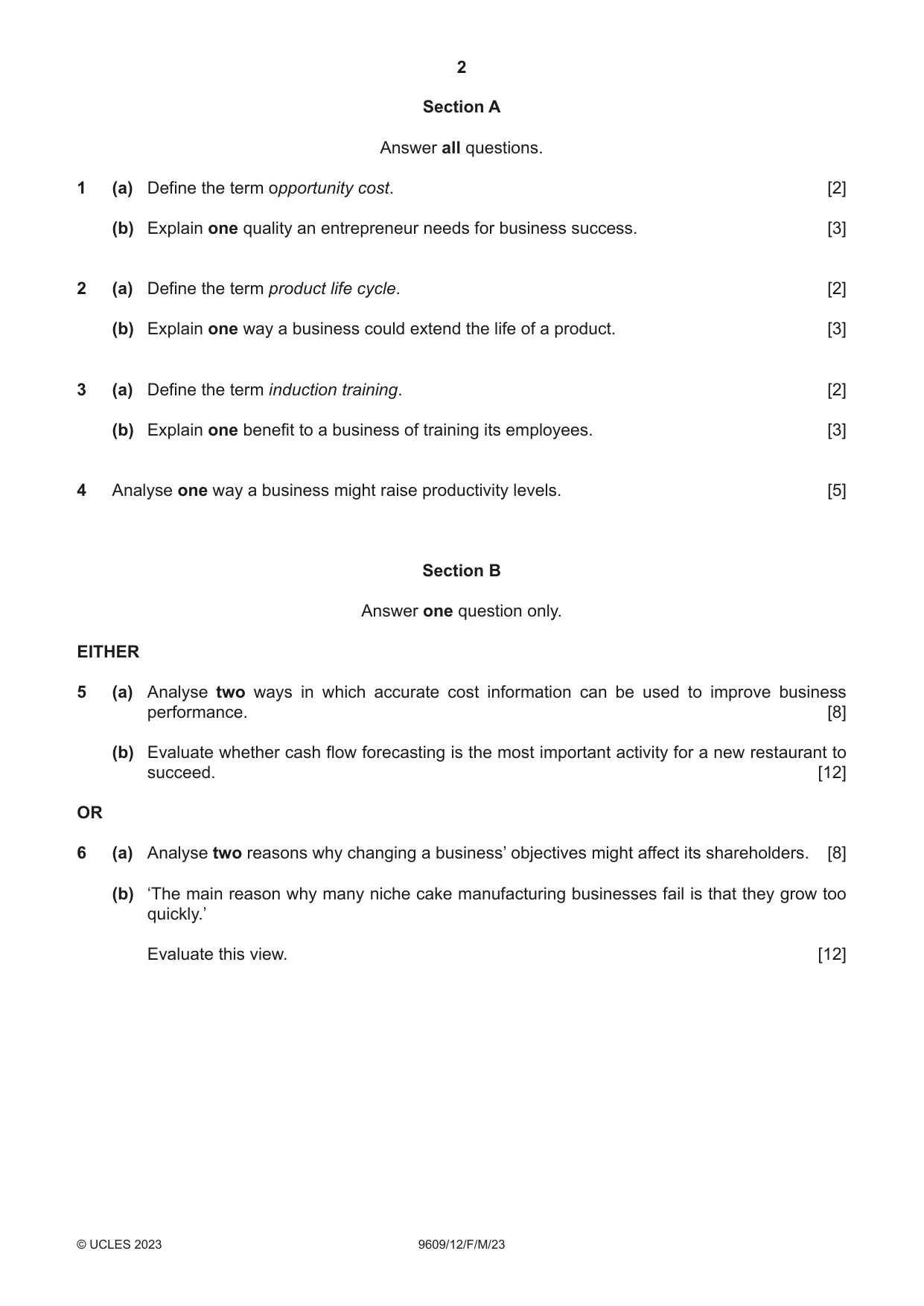 Cambridge A Level Business (for first examination in 2016) 9609 2023 Feb/March Paper 1 · Variant 2 question paper, page 2 of 4