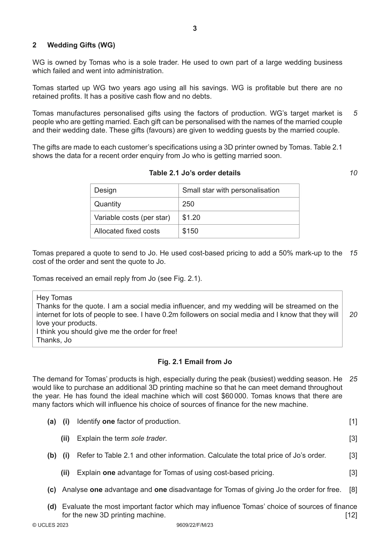 Cambridge A Level Business (for first examination in 2016) 9609 2023 Feb/March Paper 2 · Variant 2 question paper, page 3 of 4
