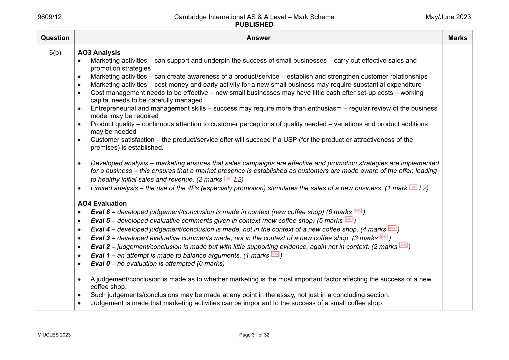 Mark scheme, page 31 of 32