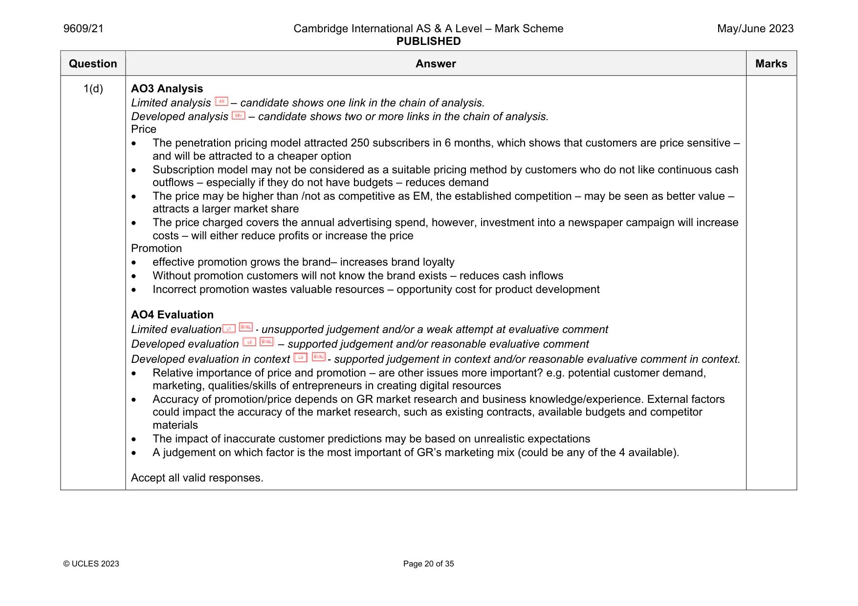 Mark scheme, page 20 of 35