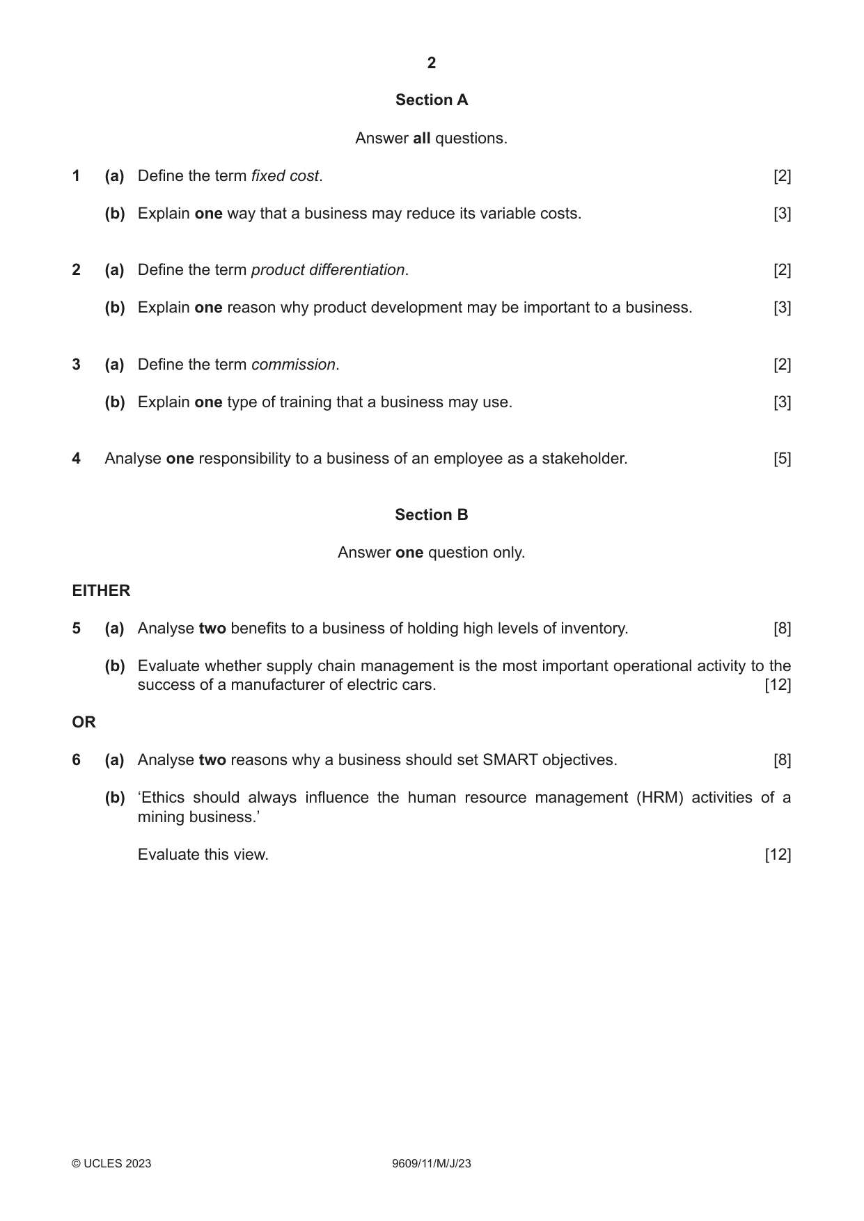 Cambridge A Level Business (for first examination in 2016) 9609 2023 May/June Paper 1 · Variant 1 question paper, page 2 of 4