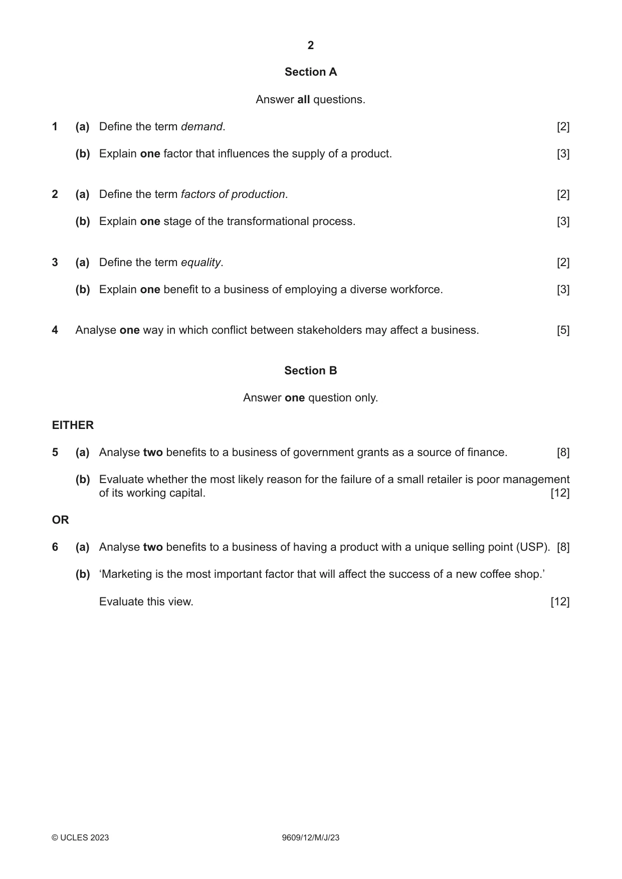 Cambridge A Level Business (for first examination in 2016) 9609 2023 May/June Paper 1 · Variant 2 question paper, page 2 of 4