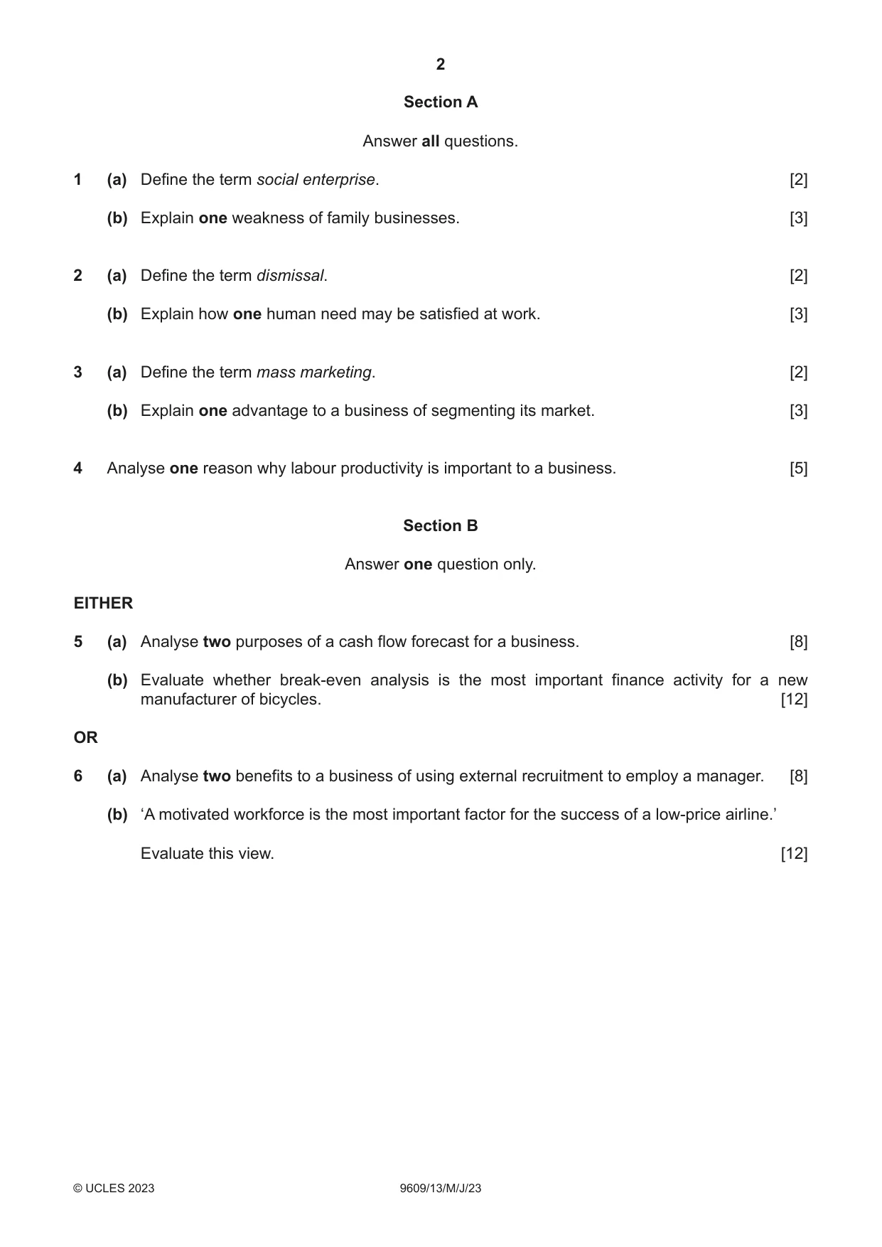 Cambridge A Level Business (for first examination in 2016) 9609 2023 May/June Paper 1 · Variant 3 question paper, page 2 of 4