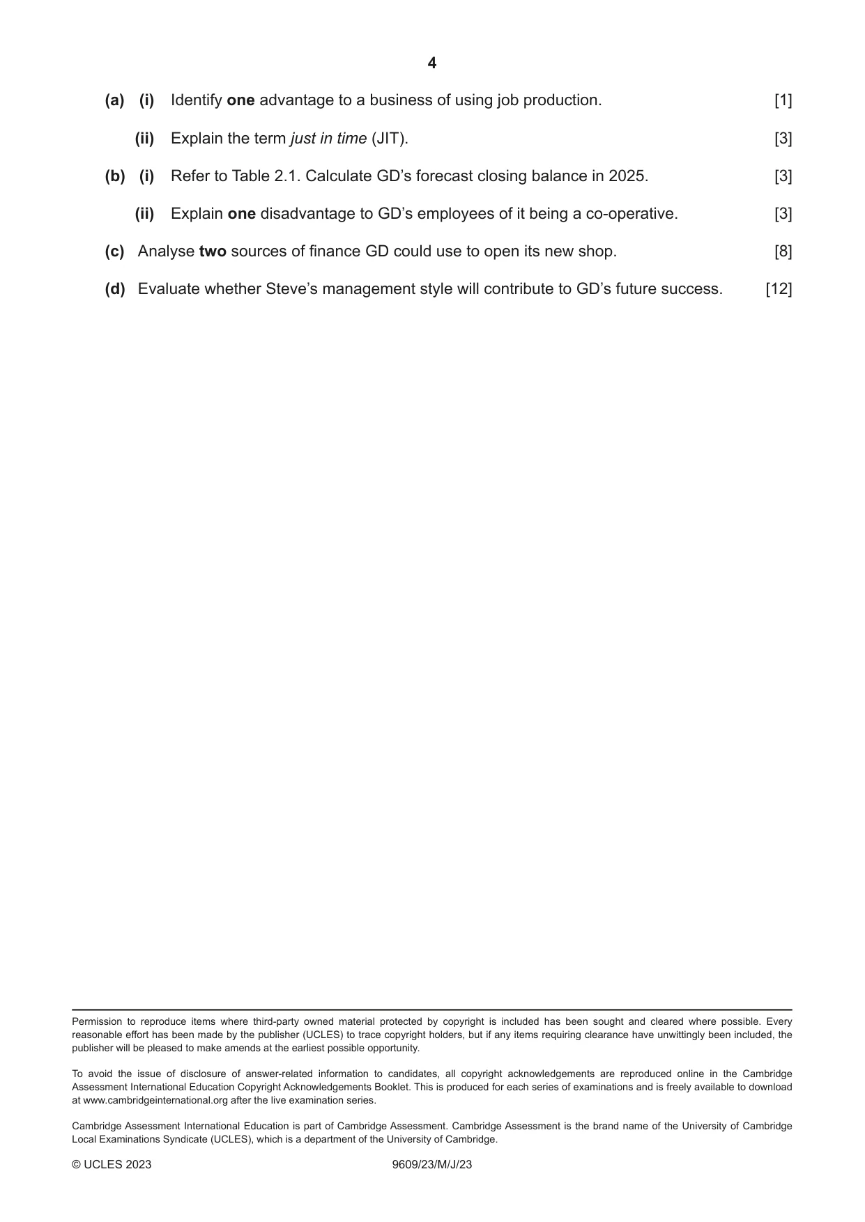 Cambridge A Level Business (for first examination in 2016) 9609 2023 May/June Paper 2 · Variant 3 question paper, page 4 of 4