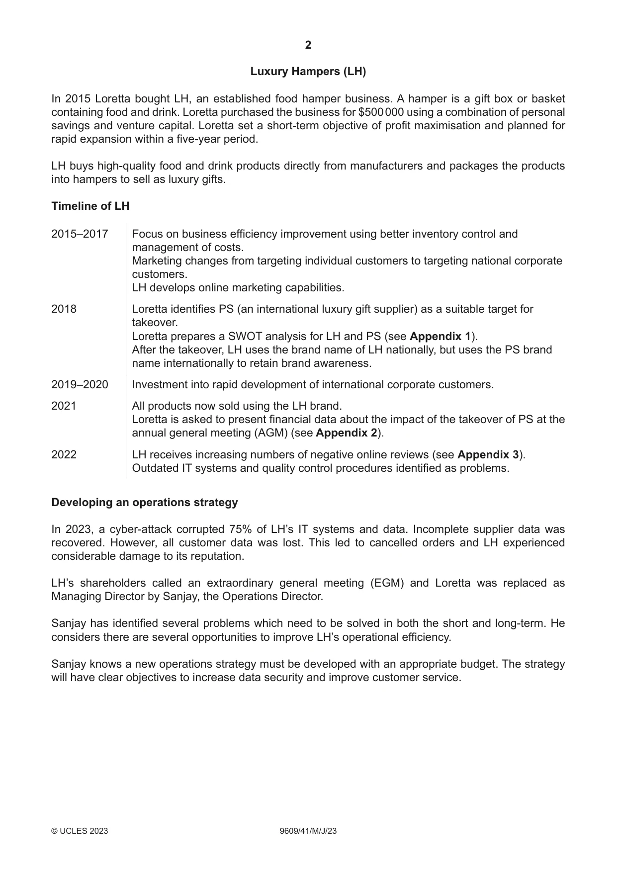Cambridge A Level Business (for first examination in 2016) 9609 2023 May/June Paper 4 · Variant 1 question paper, page 2 of 4