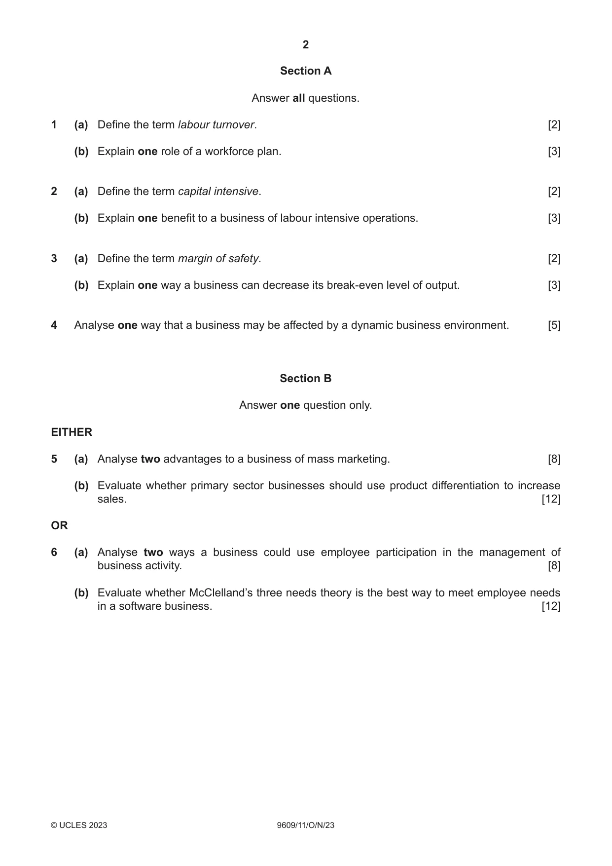 Cambridge A Level Business (for first examination in 2016) 9609 2023 Oct/Nov Paper 1 · Variant 1 question paper, page 2 of 4
