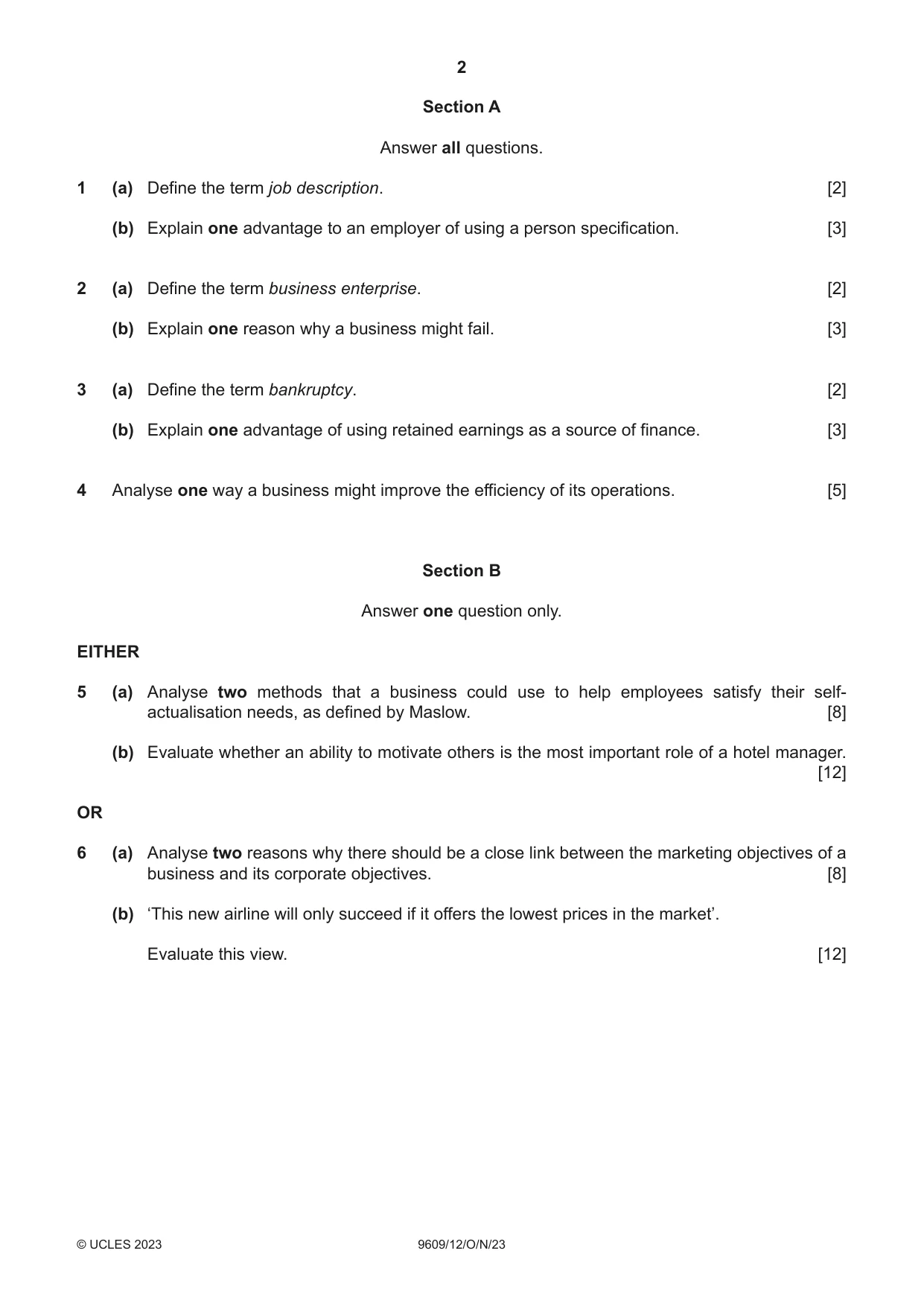 Cambridge A Level Business (for first examination in 2016) 9609 2023 Oct/Nov Paper 1 · Variant 2 question paper, page 2 of 4
