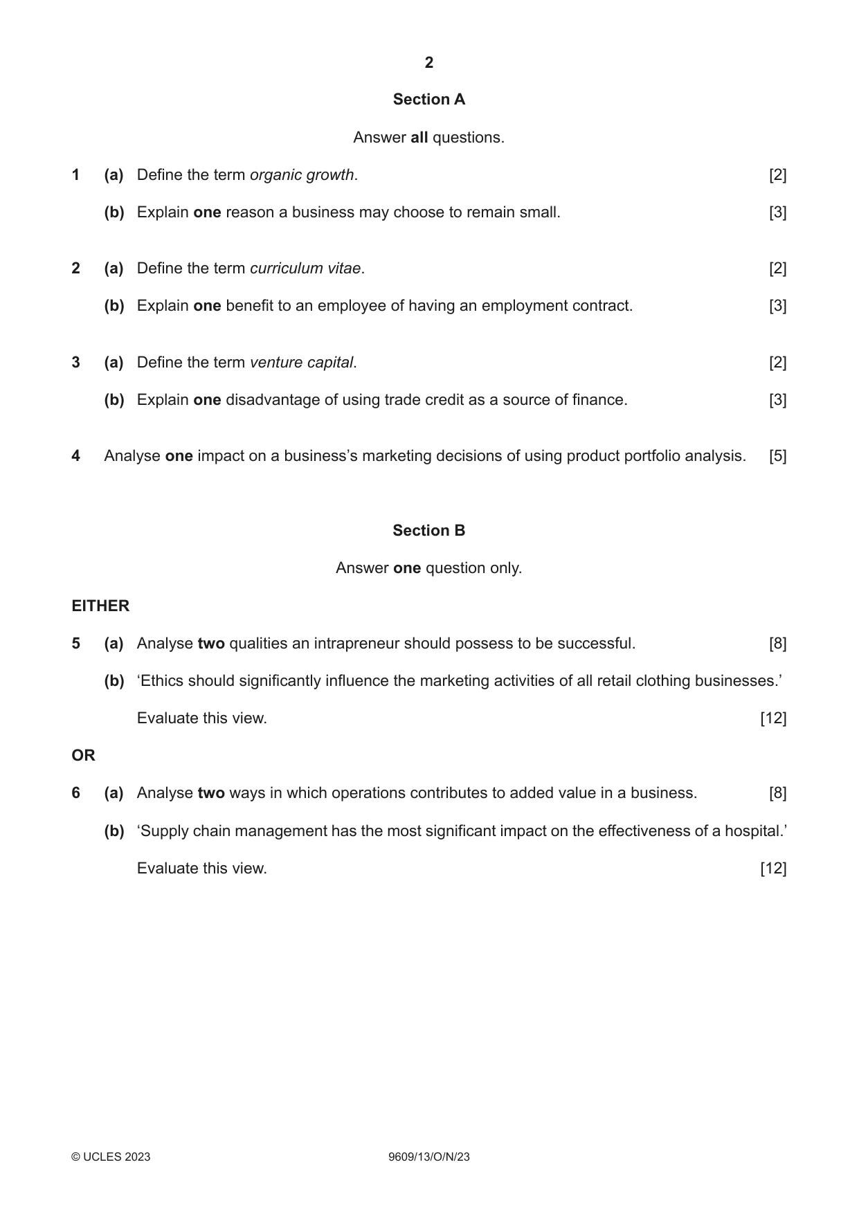 Cambridge A Level Business (for first examination in 2016) 9609 2023 Oct/Nov Paper 1 · Variant 3 question paper, page 2 of 4