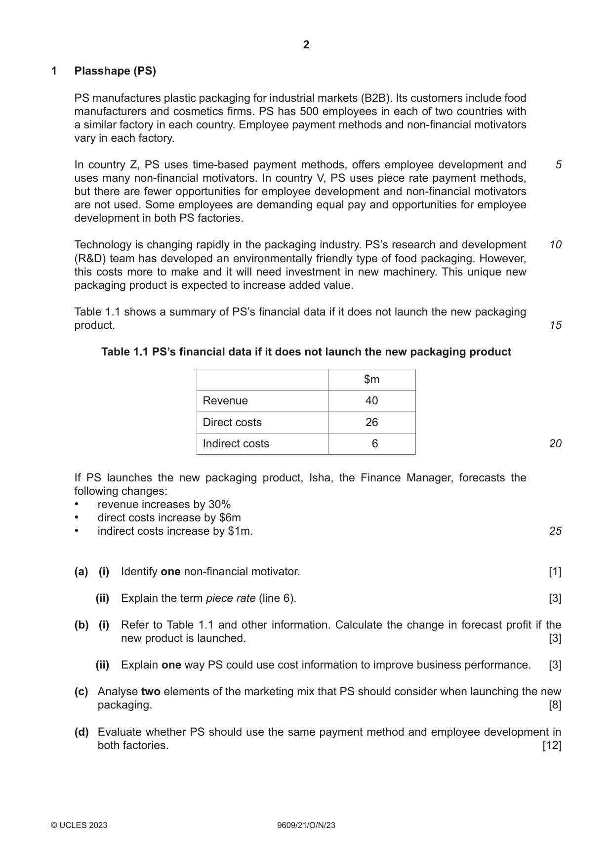 Cambridge A Level Business (for first examination in 2016) 9609 2023 Oct/Nov Paper 2 · Variant 1 question paper, page 2 of 4