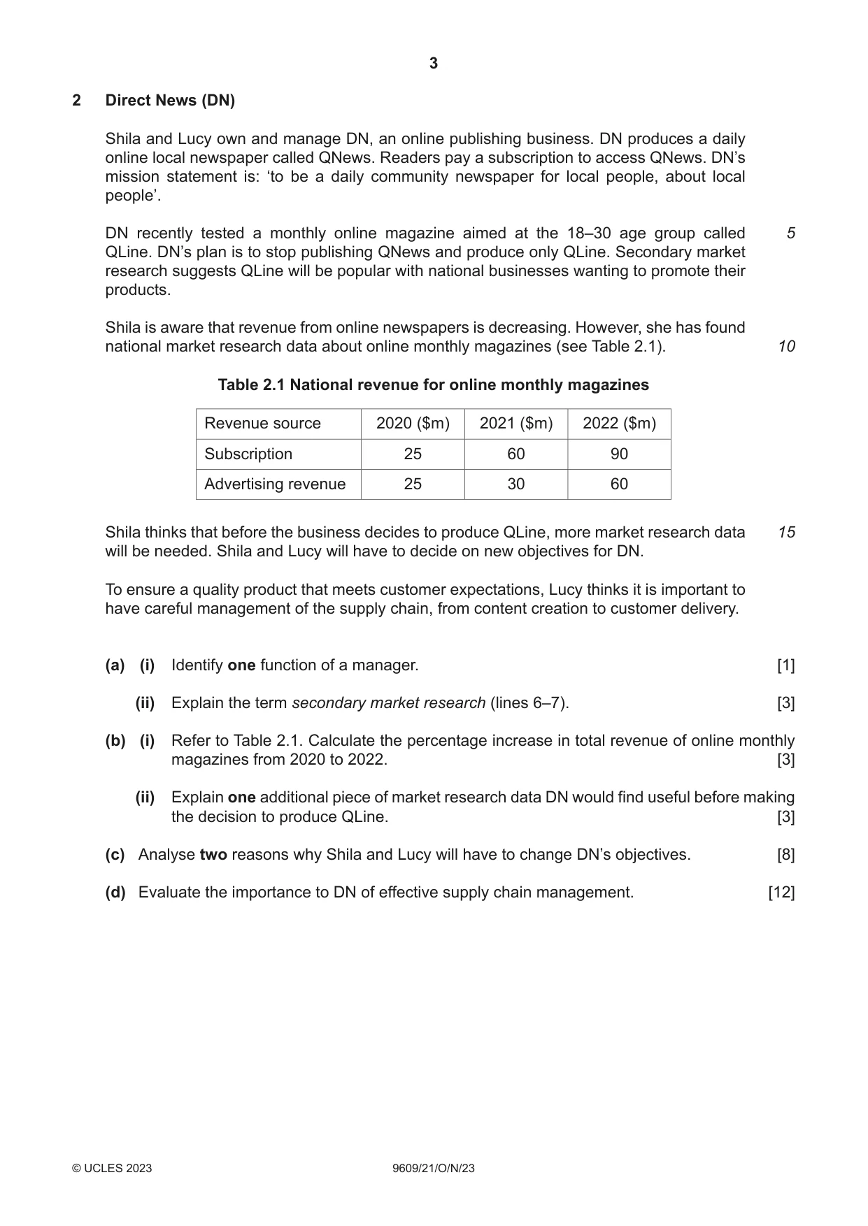 Cambridge A Level Business (for first examination in 2016) 9609 2023 Oct/Nov Paper 2 · Variant 1 question paper, page 3 of 4